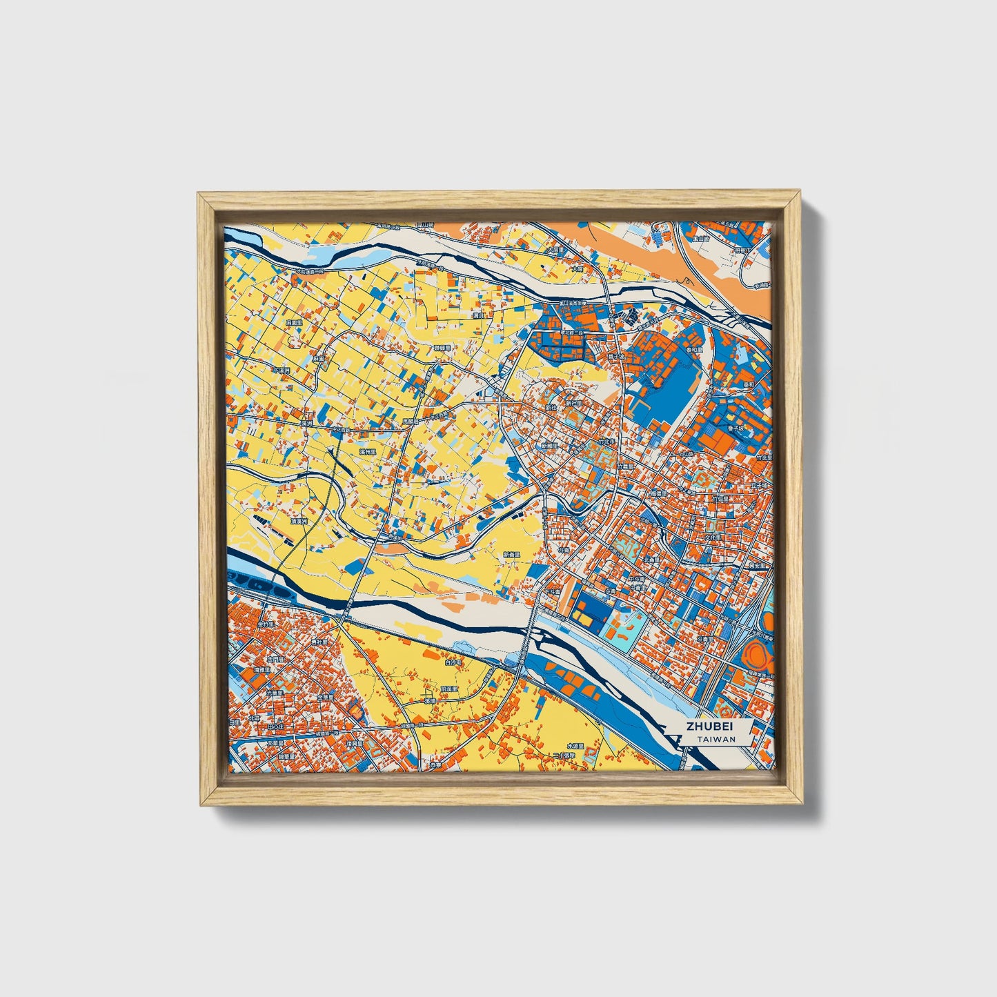 Zhubei Taiwan Colorful City Map Canvas Print • Natural Wooden Framed