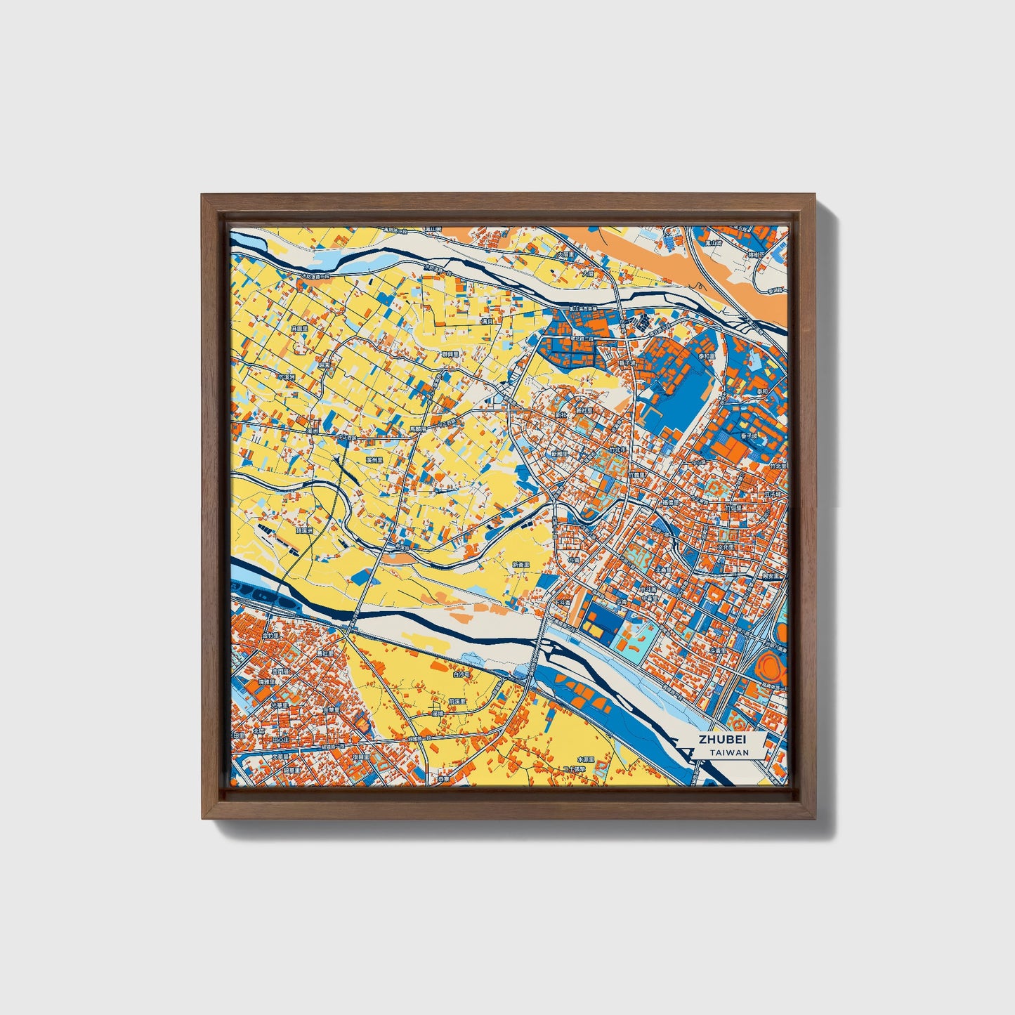 Zhubei Taiwan Colorful City Map Canvas Print • Dark Wooden Framed