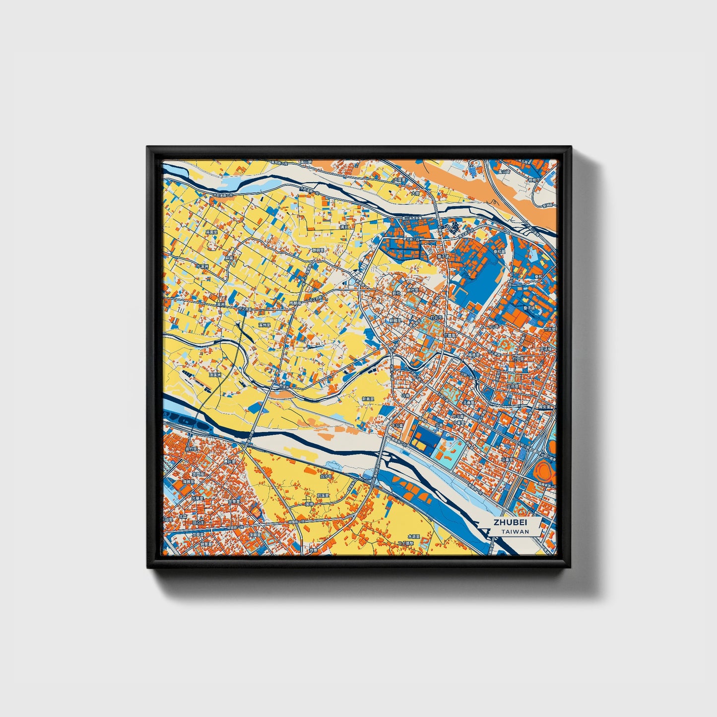 Zhubei Taiwan Colorful City Map Canvas Print • Black Framed