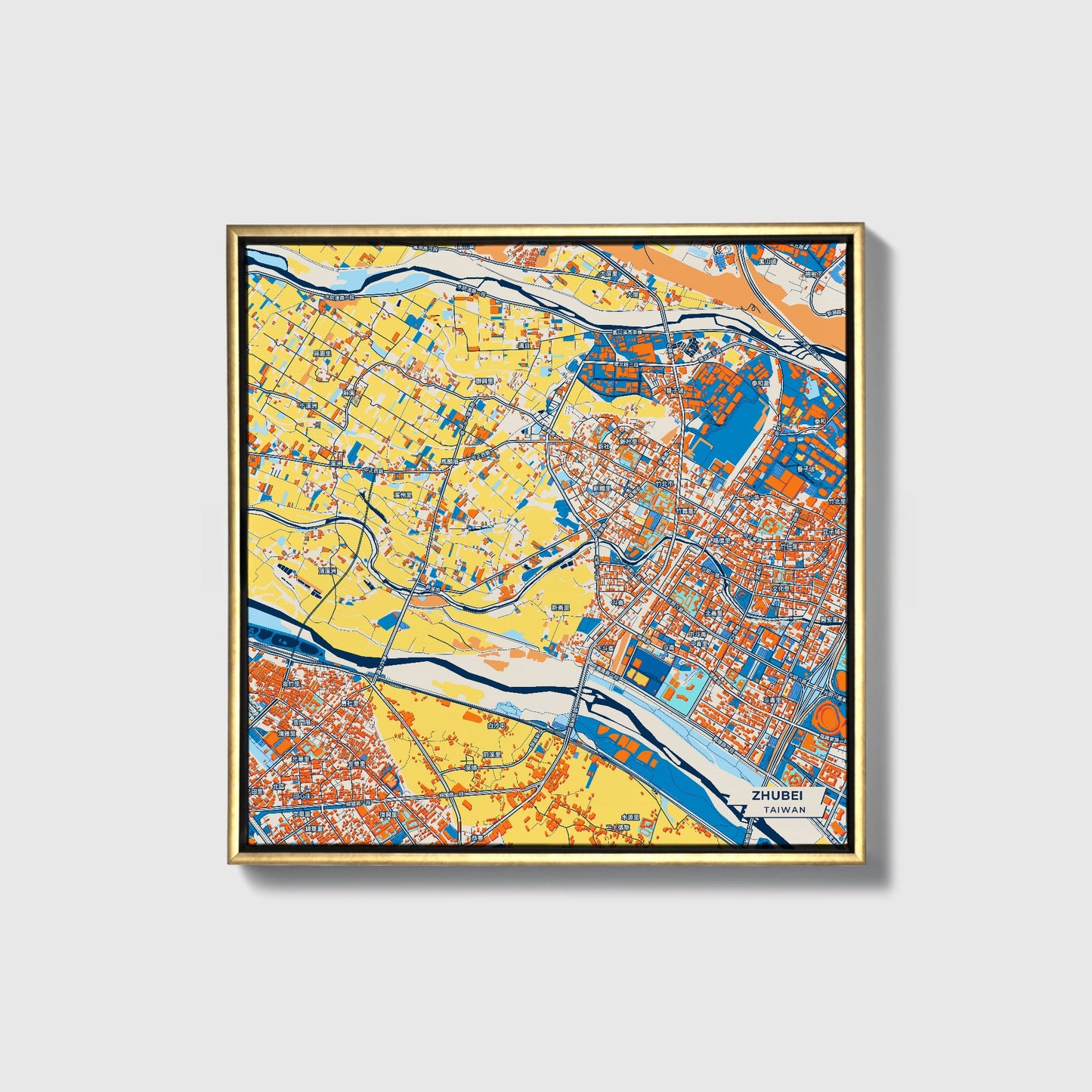 Zhubei Taiwan Colorful City Map Canvas Print • Gold Framed