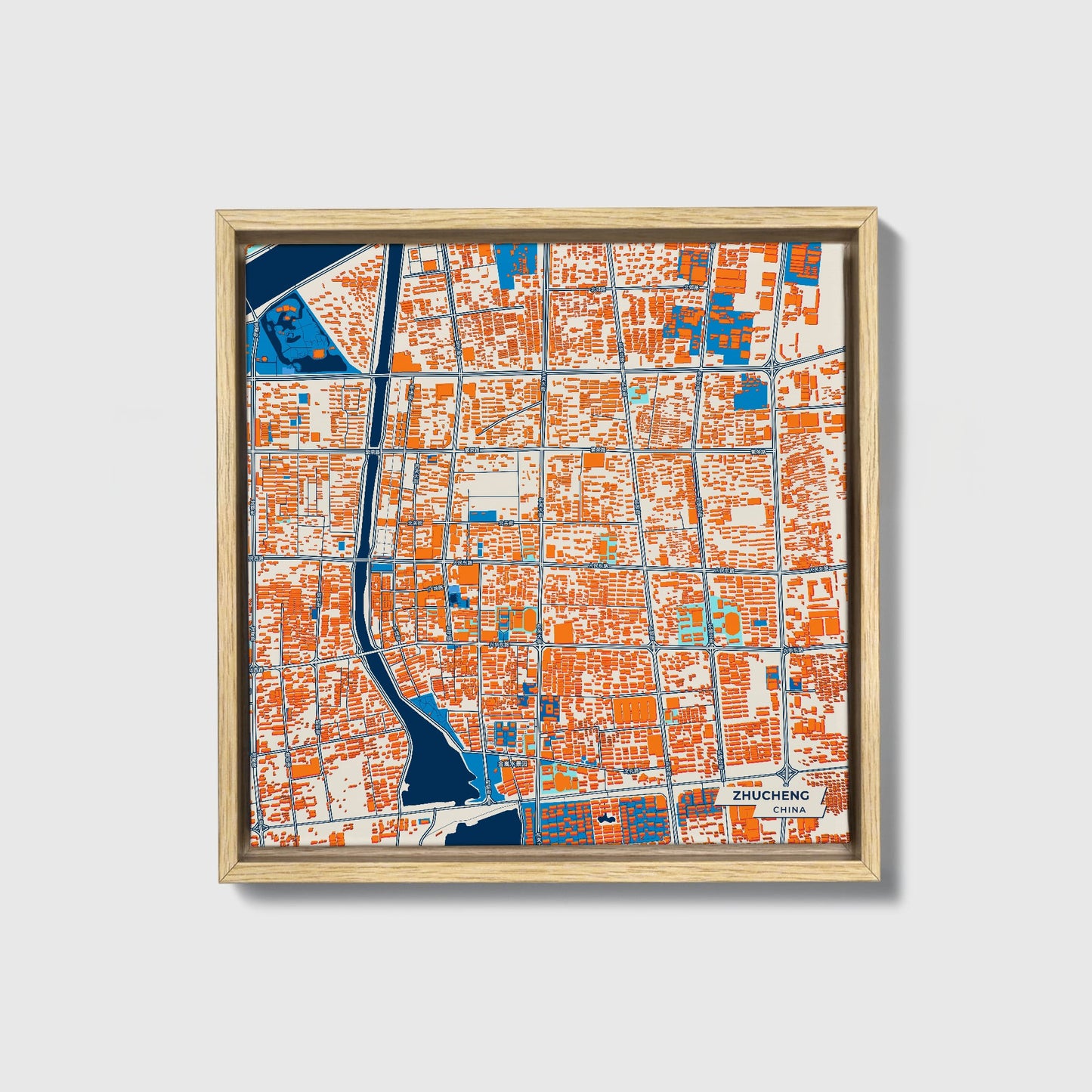 Zhucheng China Colorful City Map Canvas Print • Natural Wooden Framed