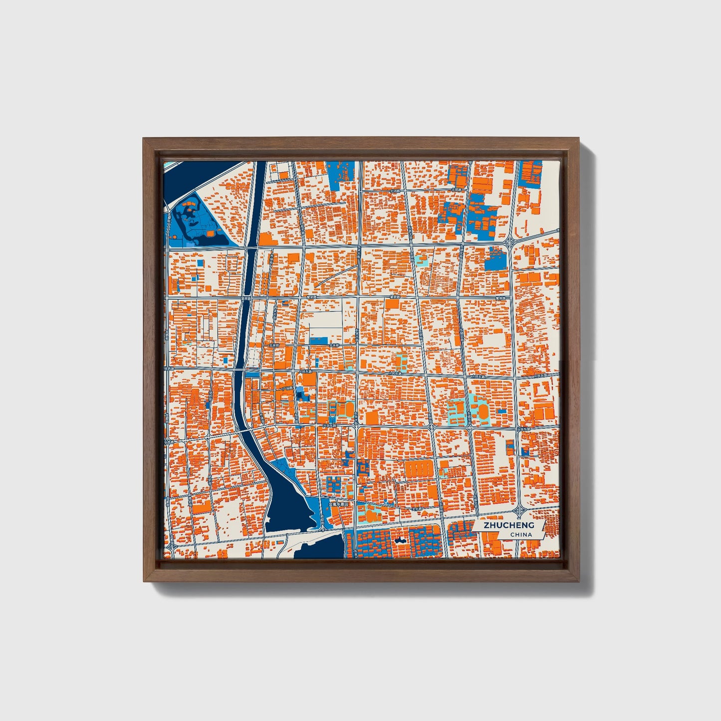 Zhucheng China Colorful City Map Canvas Print • Dark Wooden Framed