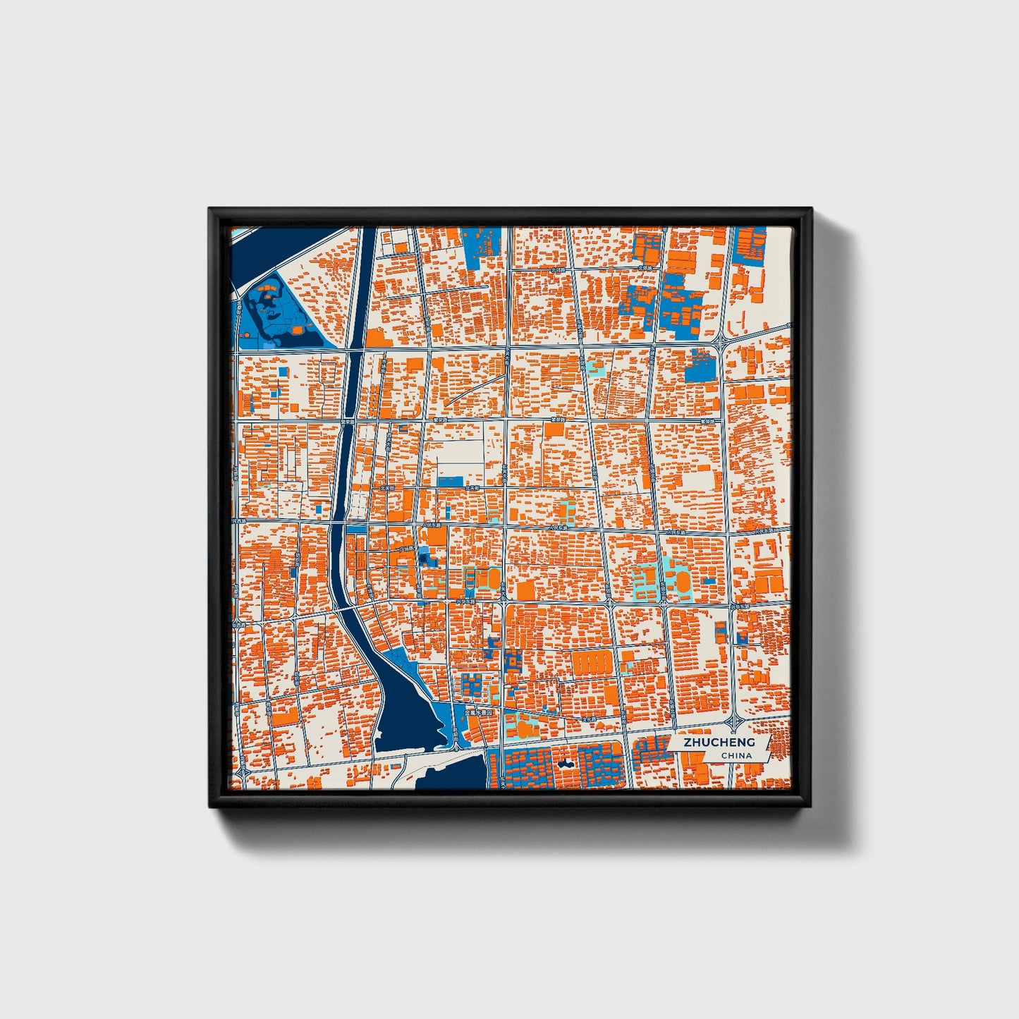 Zhucheng China Colorful City Map Canvas Print • Black Framed