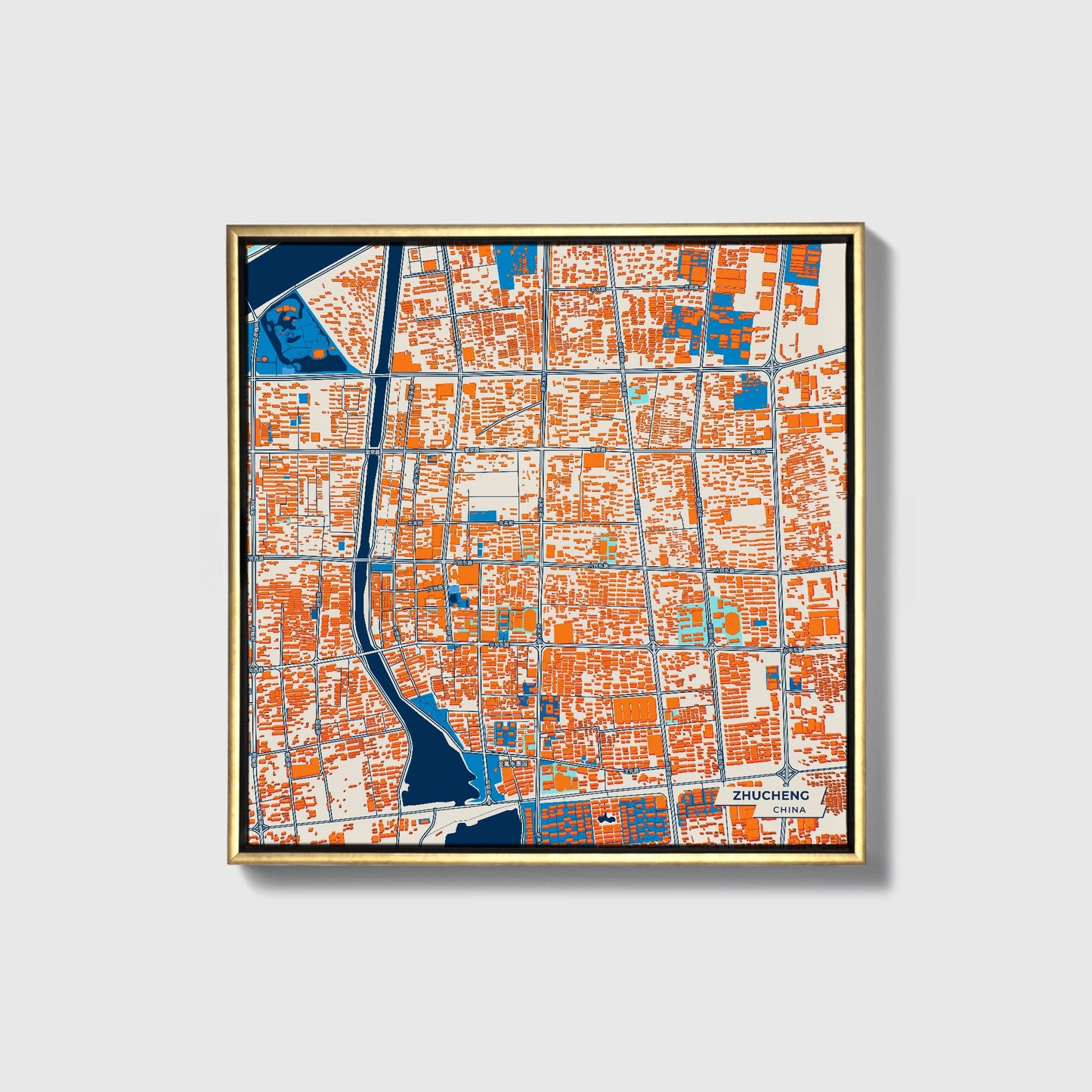 Zhucheng China Colorful City Map Canvas Print • Gold Framed