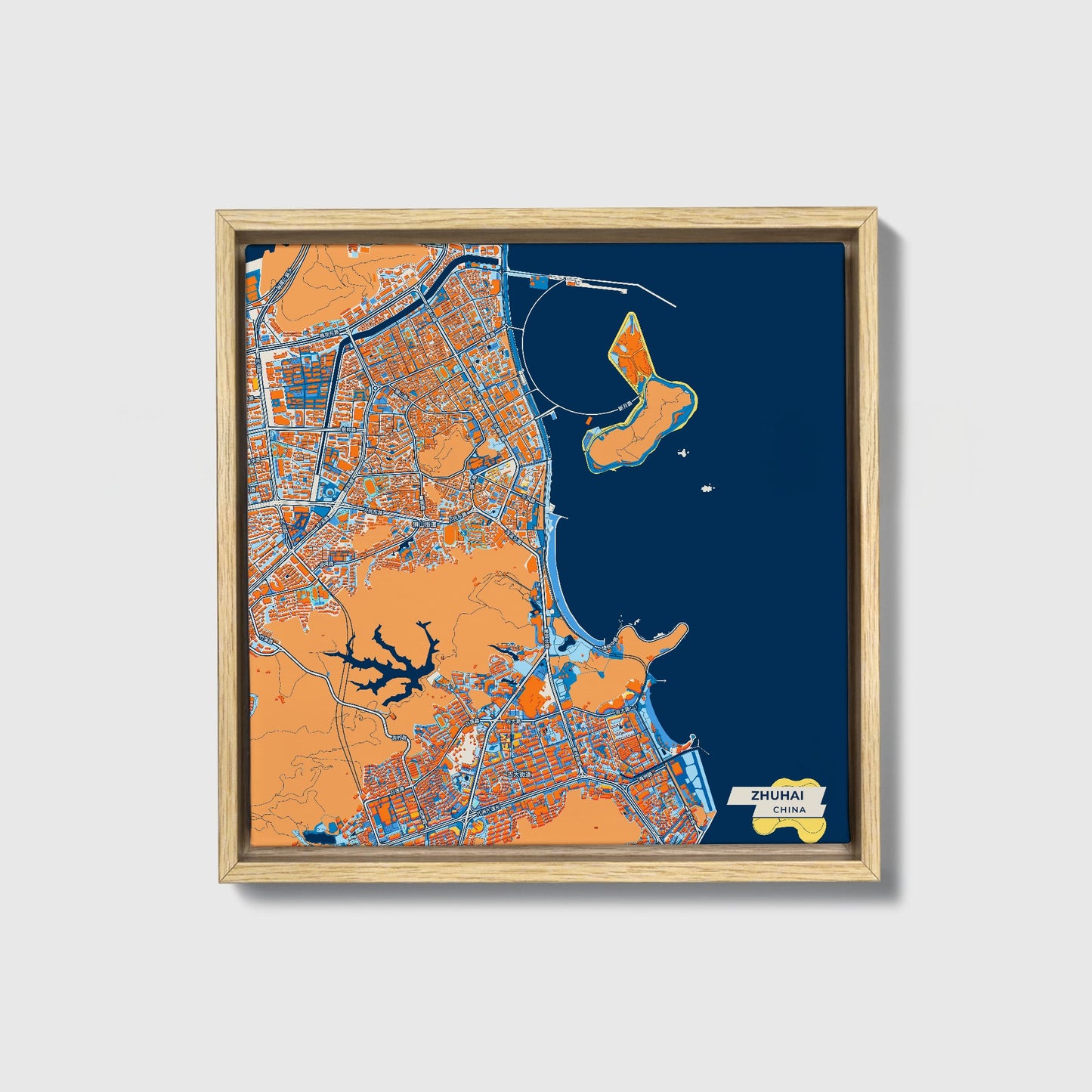 Zhuhai China Colorful City Map Canvas Print • Natural Wooden Framed