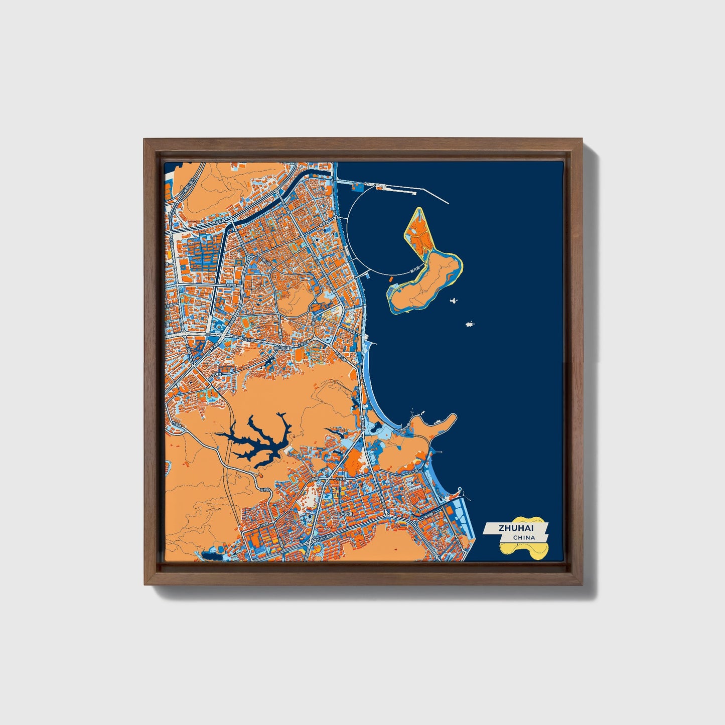 Zhuhai China Colorful City Map Canvas Print • Dark Wooden Framed