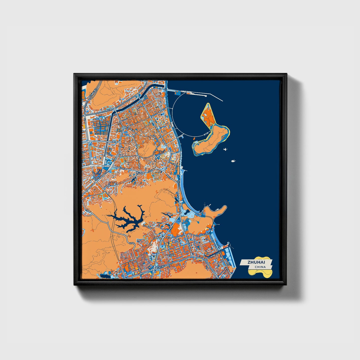Zhuhai China Colorful City Map Canvas Print • Black Framed