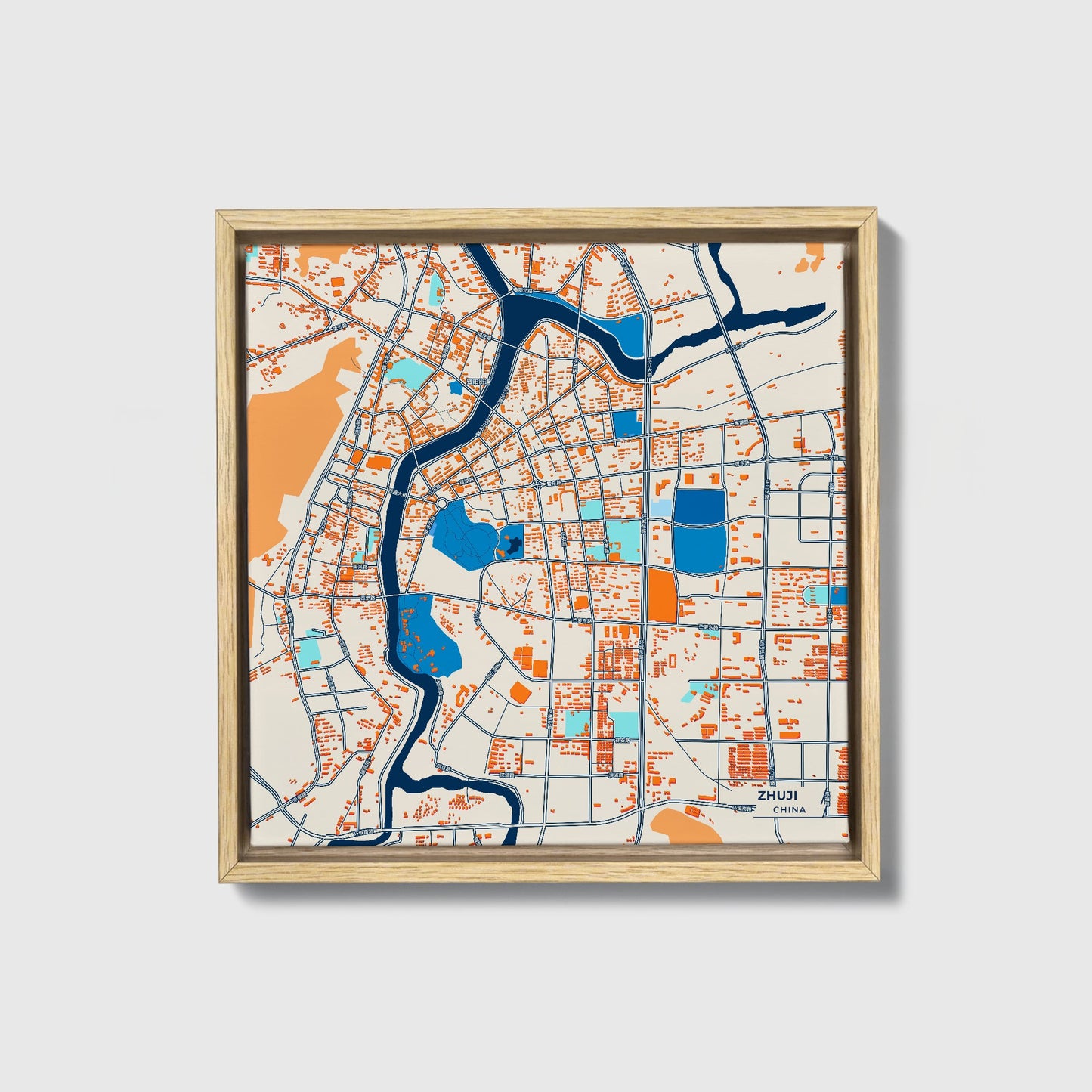 Zhuji China Colorful City Map Canvas Print • Natural Wooden Framed