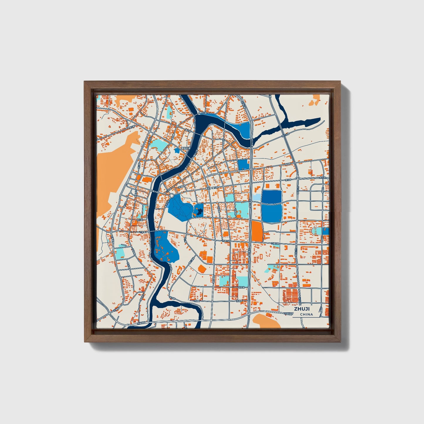 Zhuji China Colorful City Map Canvas Print • Dark Wooden Framed