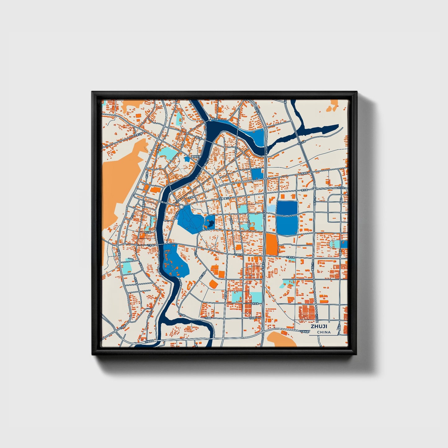 Zhuji China Colorful City Map Canvas Print • Black Framed