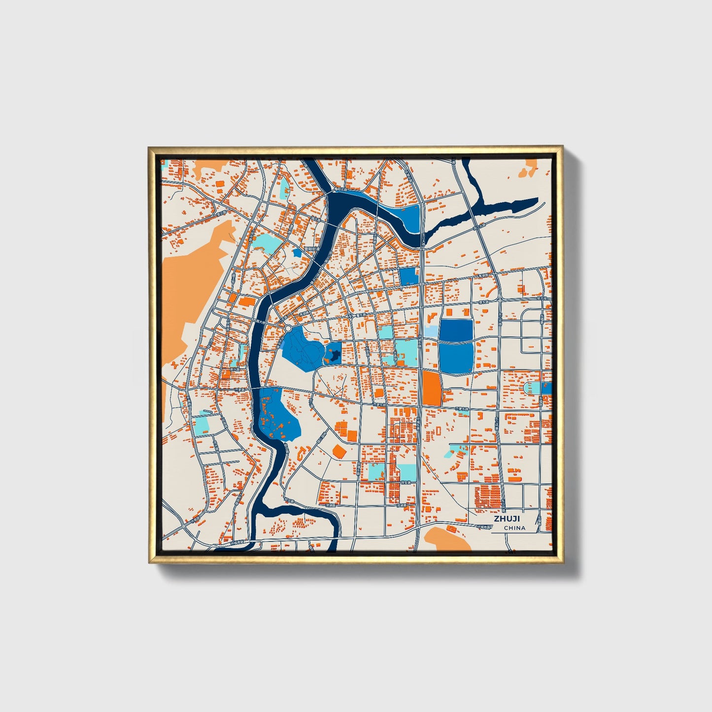 Zhuji China Colorful City Map Canvas Print • Gold Framed
