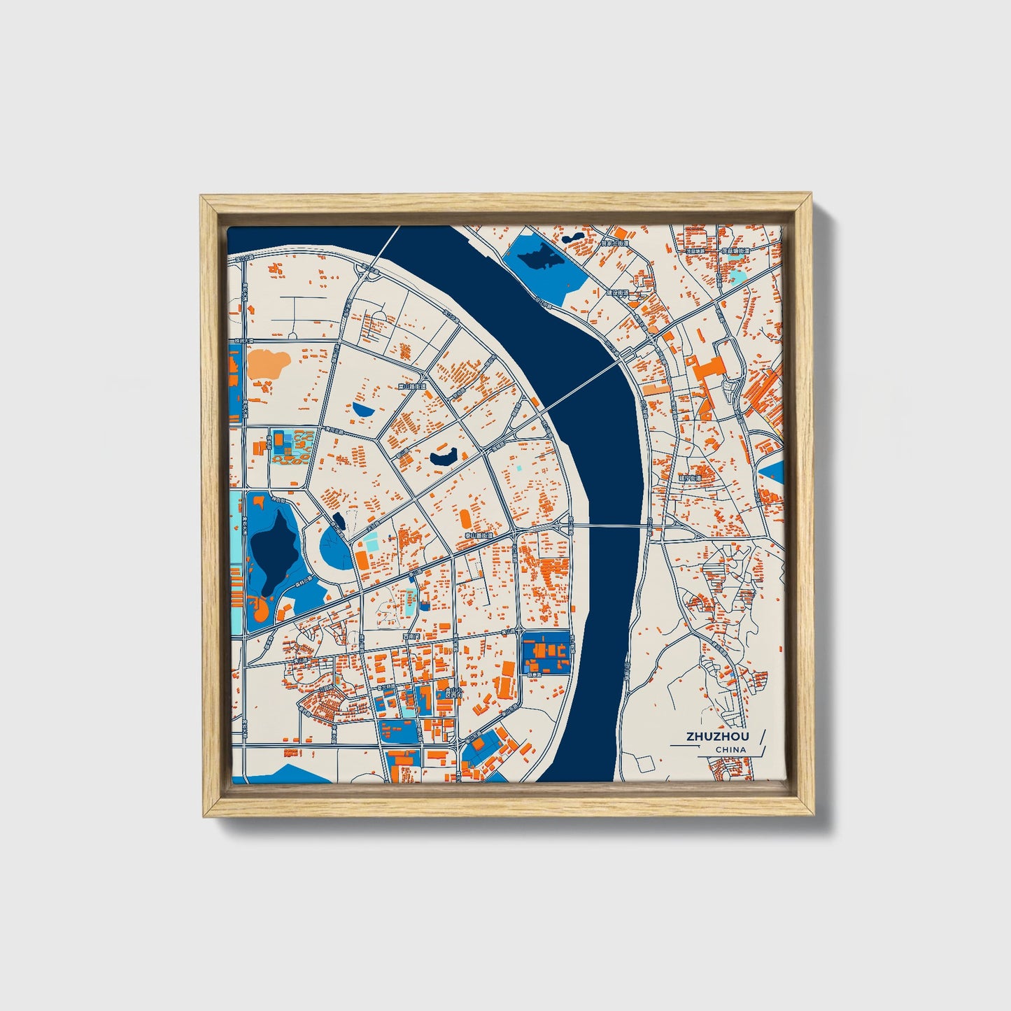 Zhuzhou China Colorful City Map Canvas Print • Natural Wooden Framed