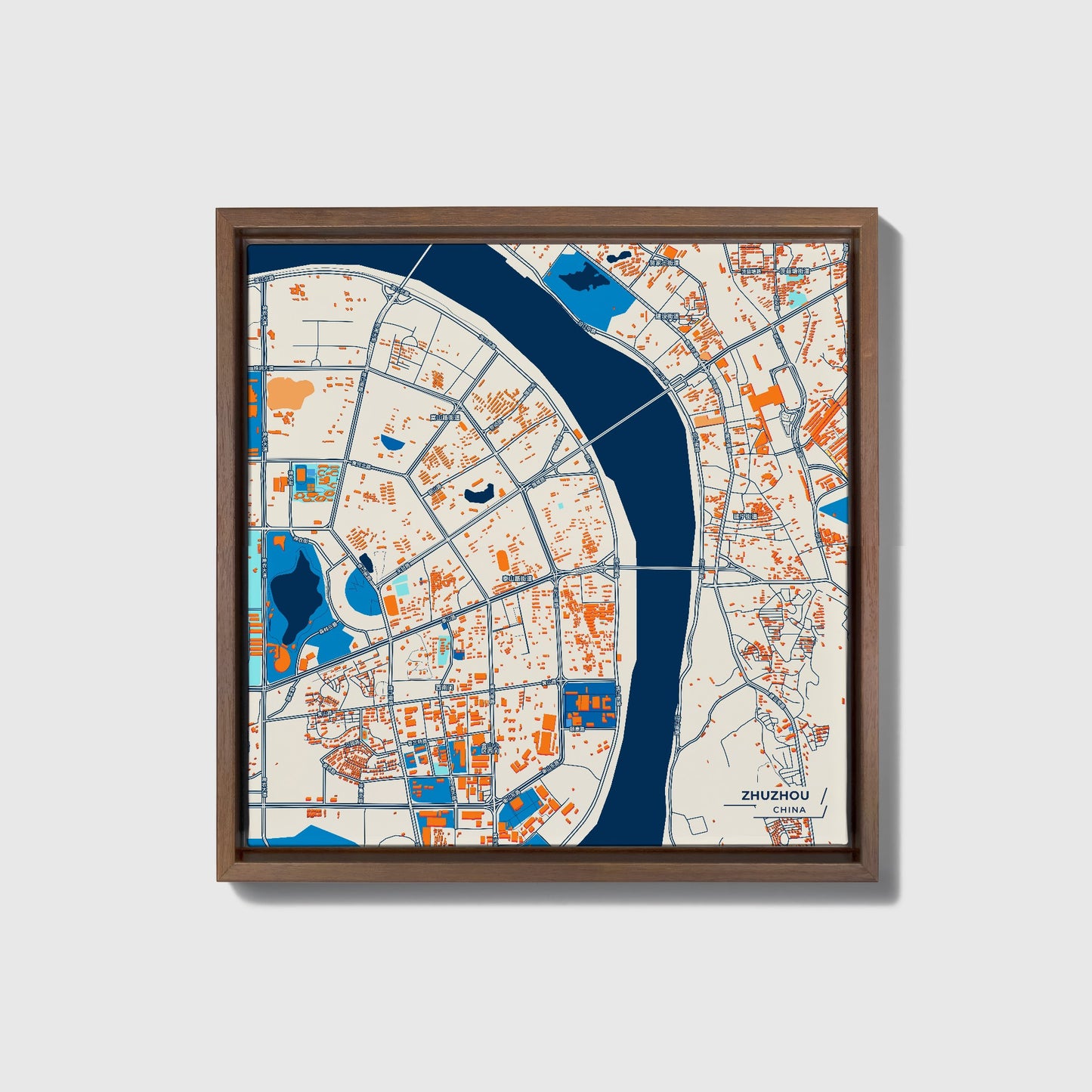 Zhuzhou China Colorful City Map Canvas Print • Dark Wooden Framed