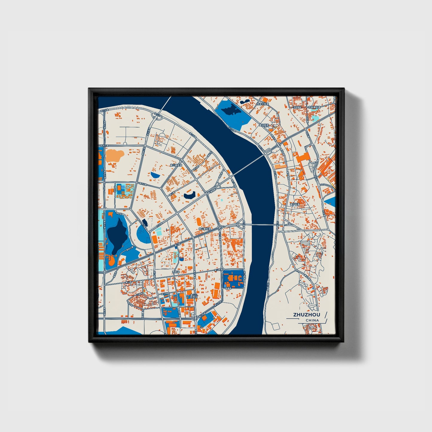 Zhuzhou China Colorful City Map Canvas Print • Black Framed