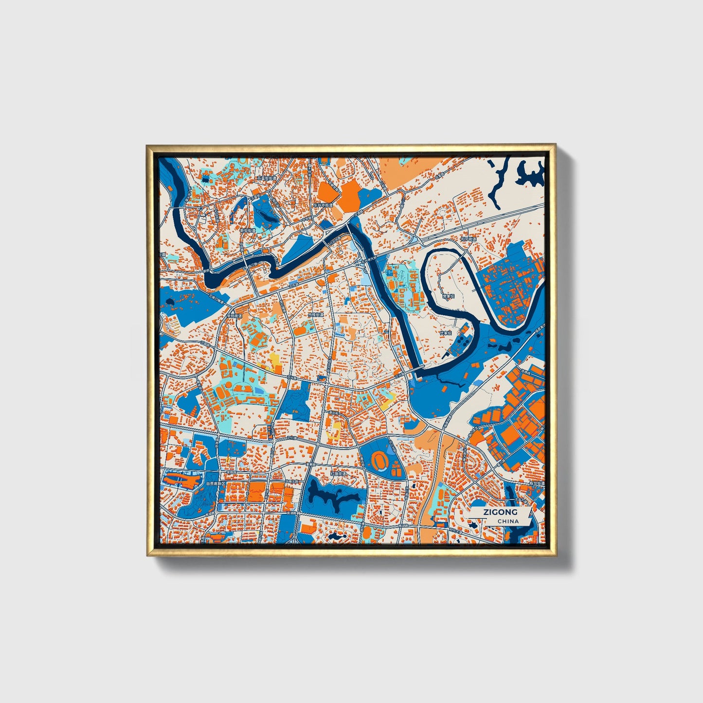 Zigong China Colorful City Map Canvas Print • Gold Framed