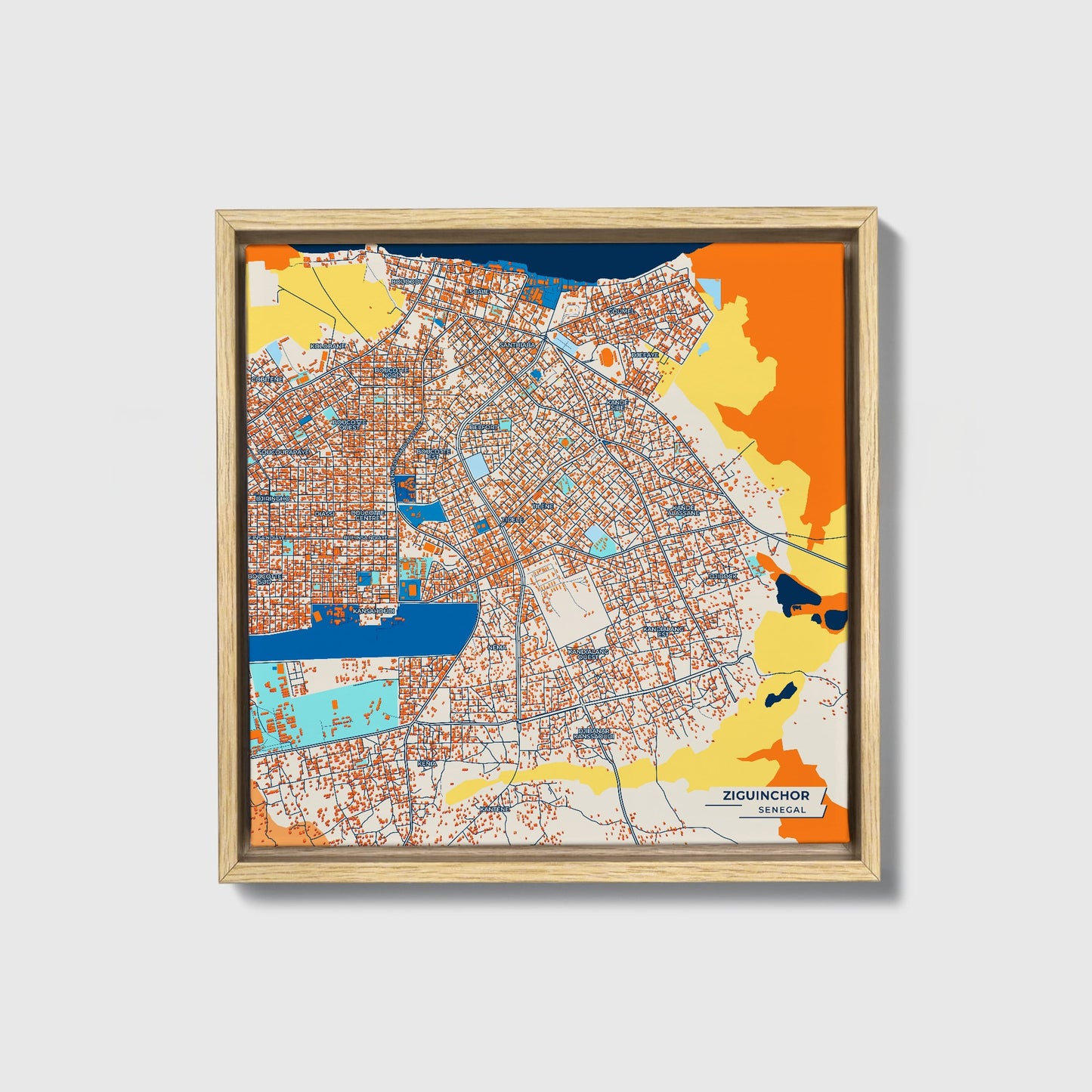 Ziguinchor Senegal Colorful City Map Canvas Print • Natural Wooden Framed