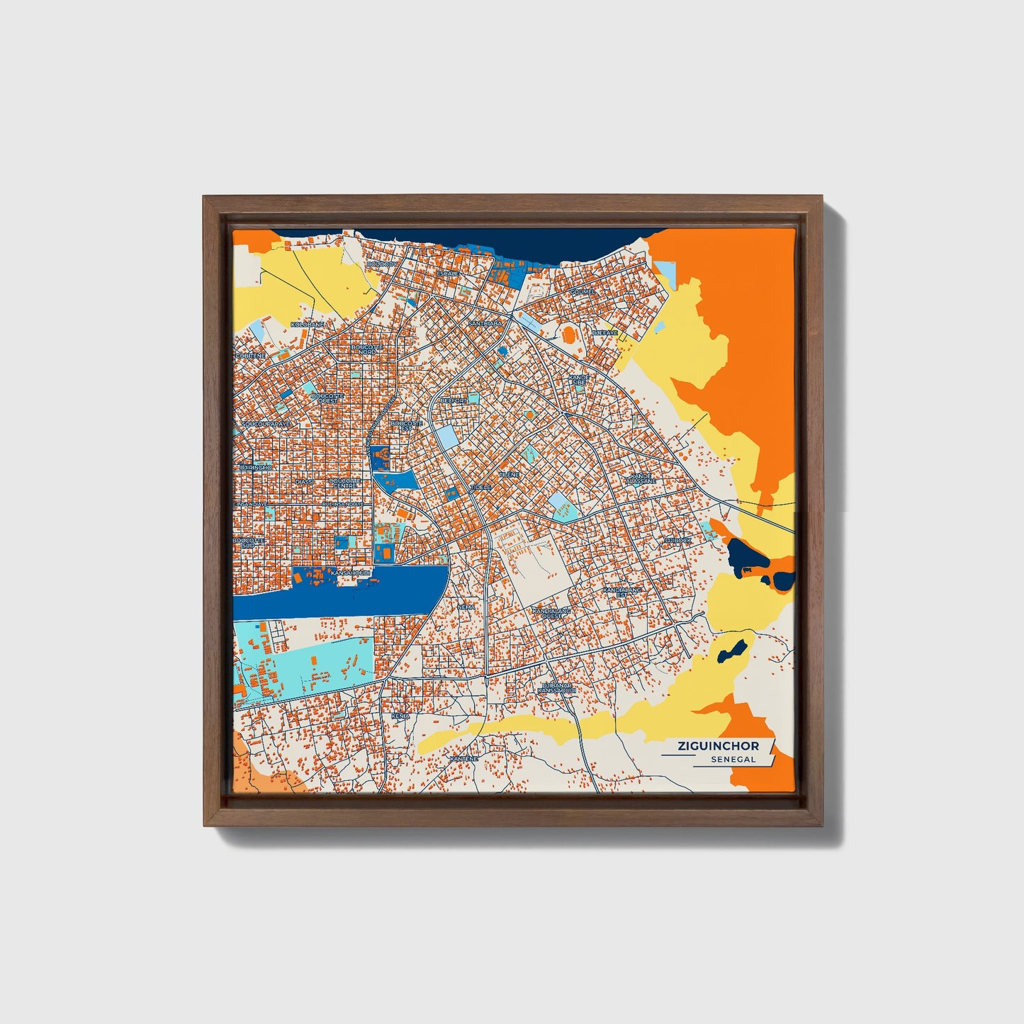 Ziguinchor Senegal Colorful City Map Canvas Print • Dark Wooden Framed