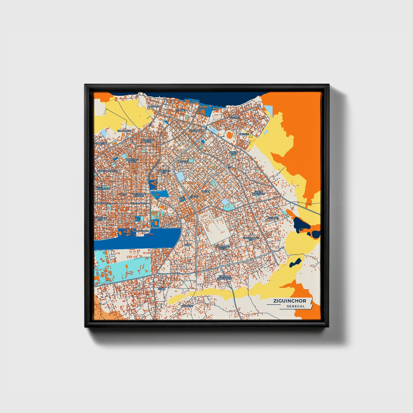 Ziguinchor Senegal Colorful City Map Canvas Print • Black Framed