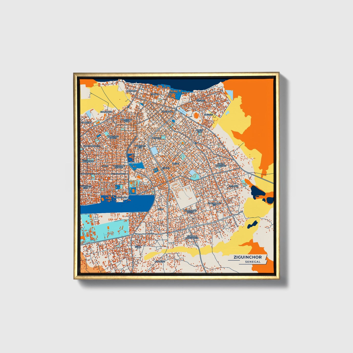 Ziguinchor Senegal Colorful City Map Canvas Print • Gold Framed