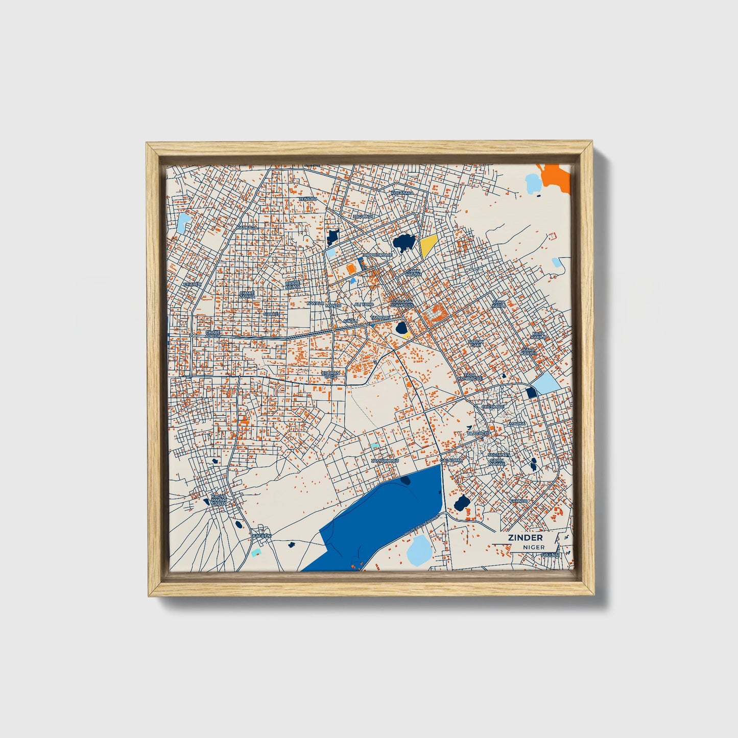 Zinder Niger Colorful City Map Canvas Print • Natural Wooden Framed