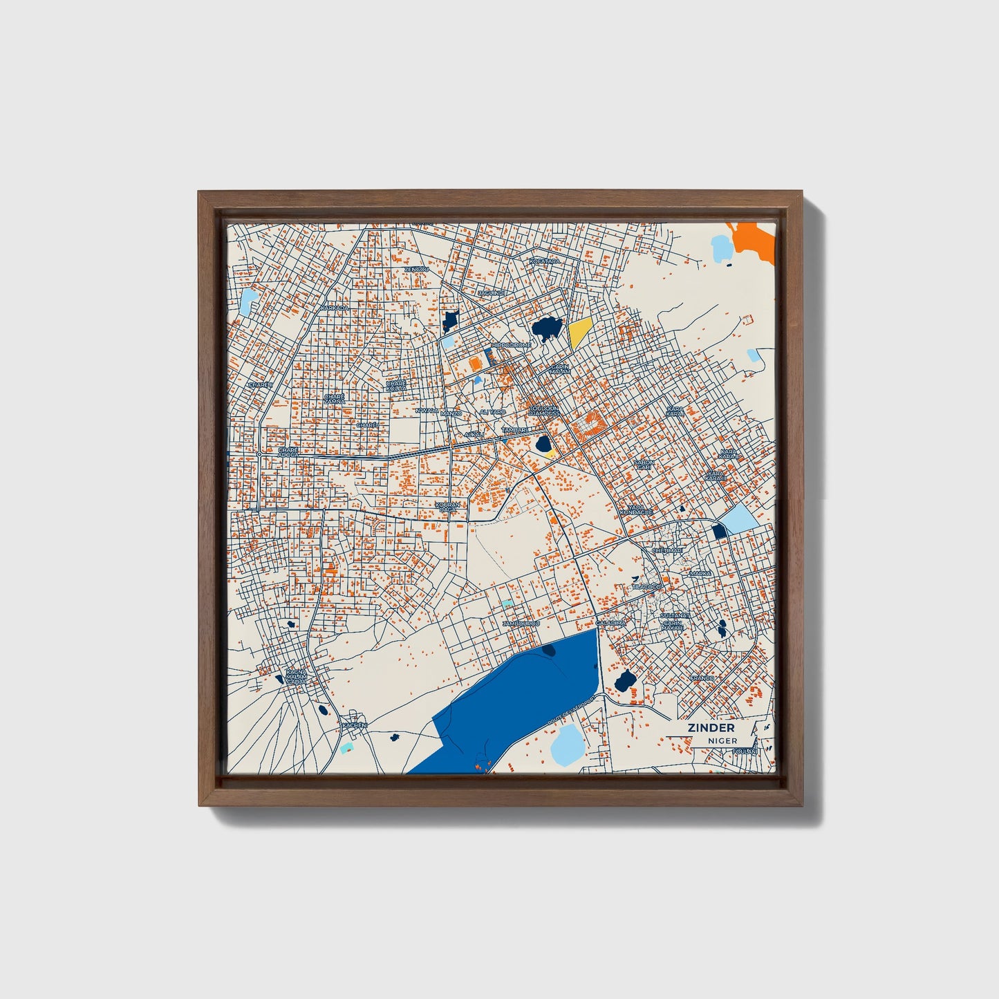 Zinder Niger Colorful City Map Canvas Print • Dark Wooden Framed