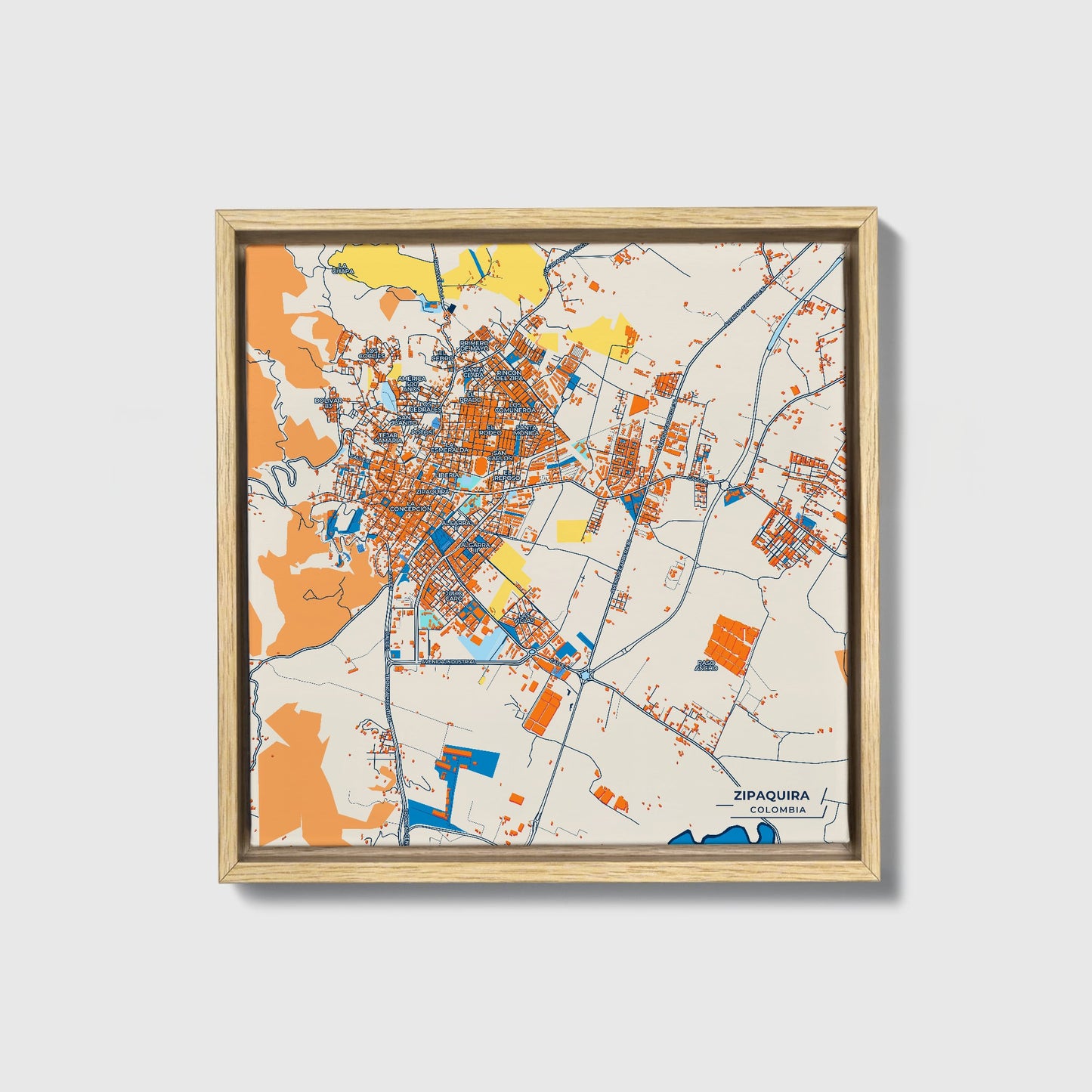 Zipaquira Colombia Colorful City Map Canvas Print • Natural Wooden Framed