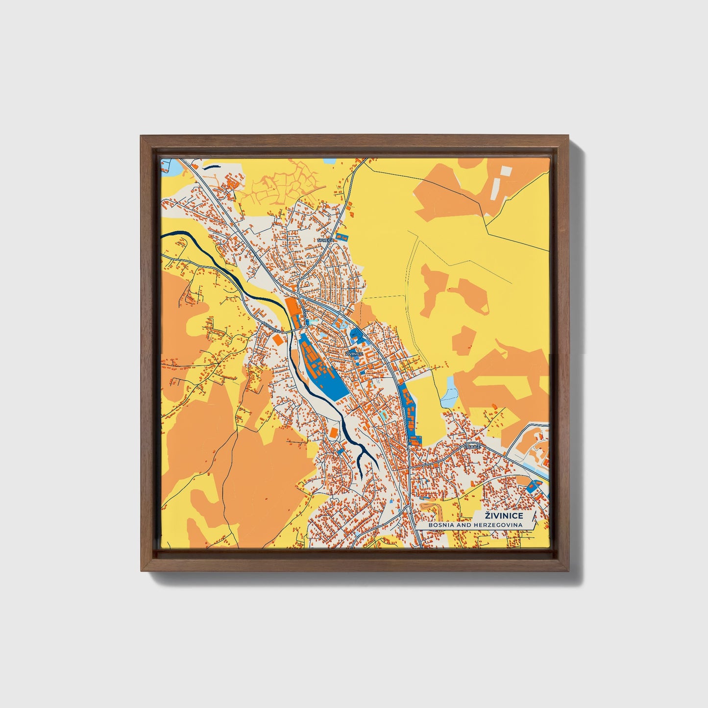 Živinice Bosnia And Herzegovina Colorful City Map Canvas Print • Dark Wooden Framed