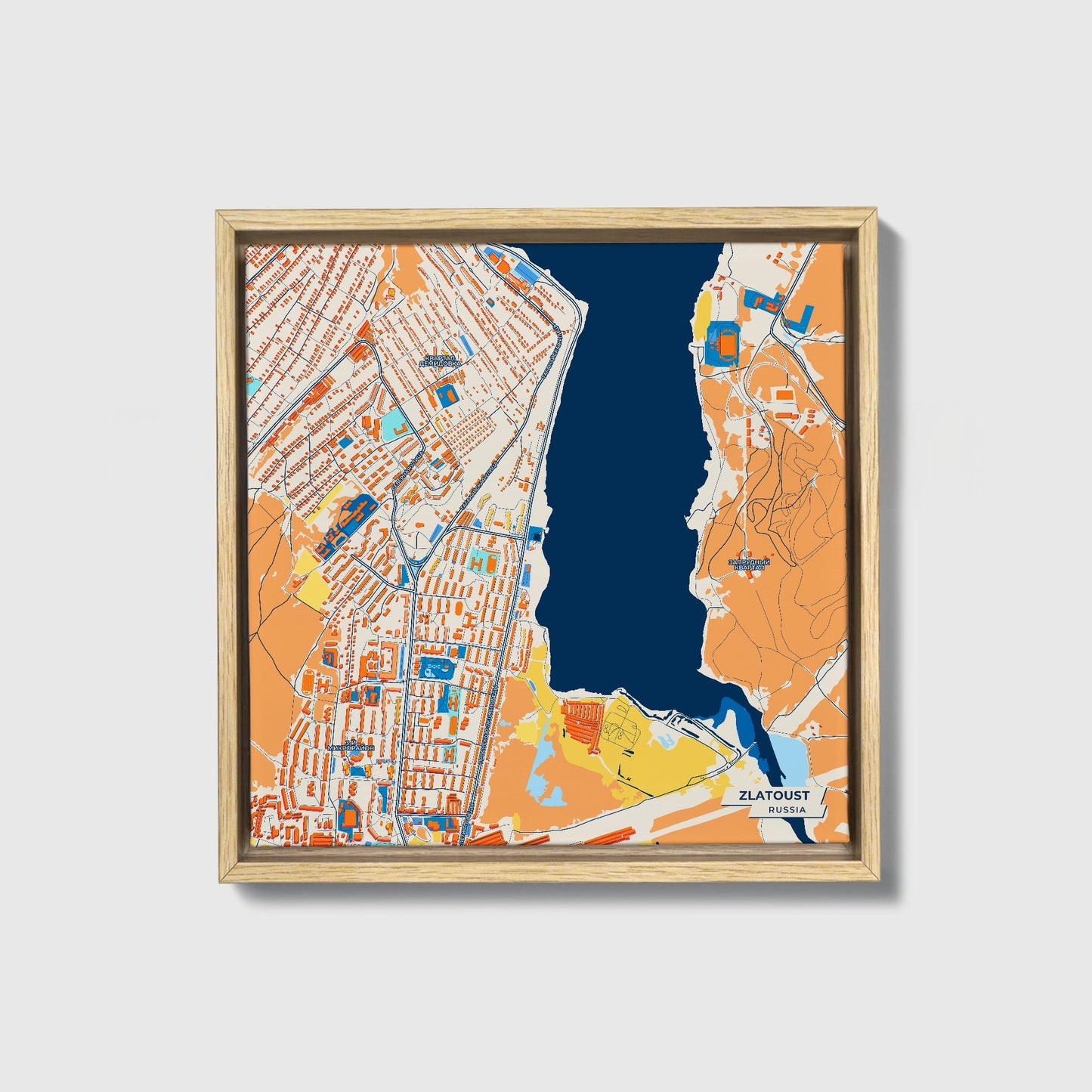 Златоустовский Russia Colorful City Map Canvas Print • Natural Wooden Framed