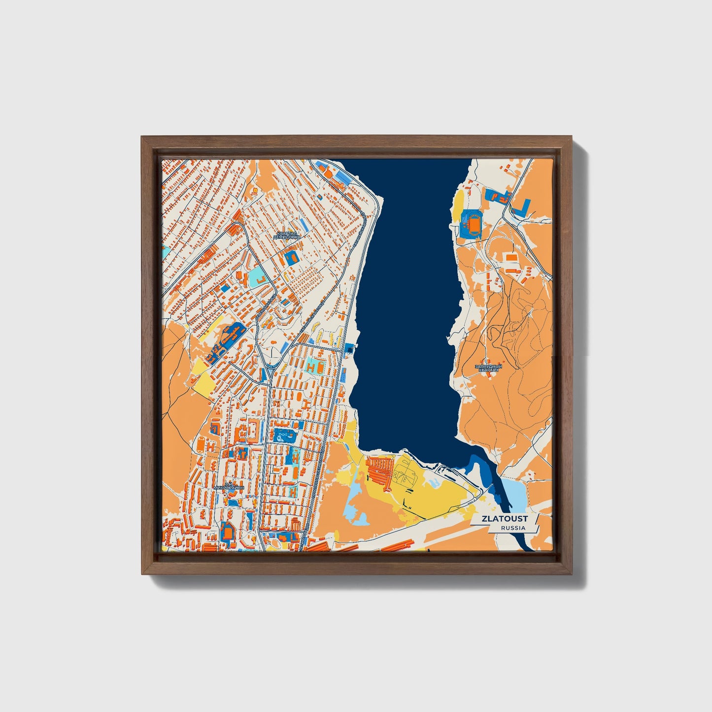 Златоустовский Russia Colorful City Map Canvas Print • Dark Wooden Framed