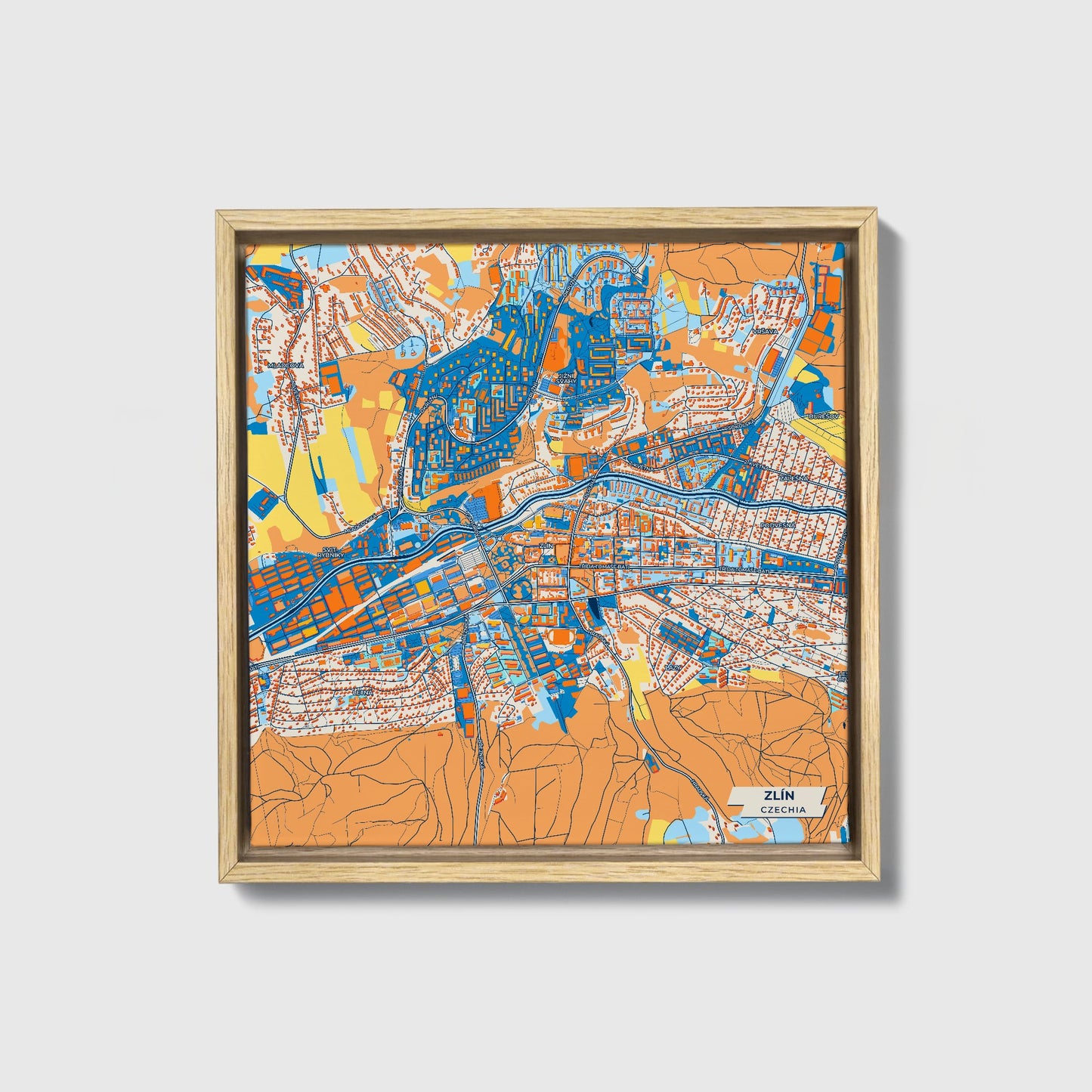 Zlín Czechia Colorful City Map Canvas Print • Natural Wooden Framed