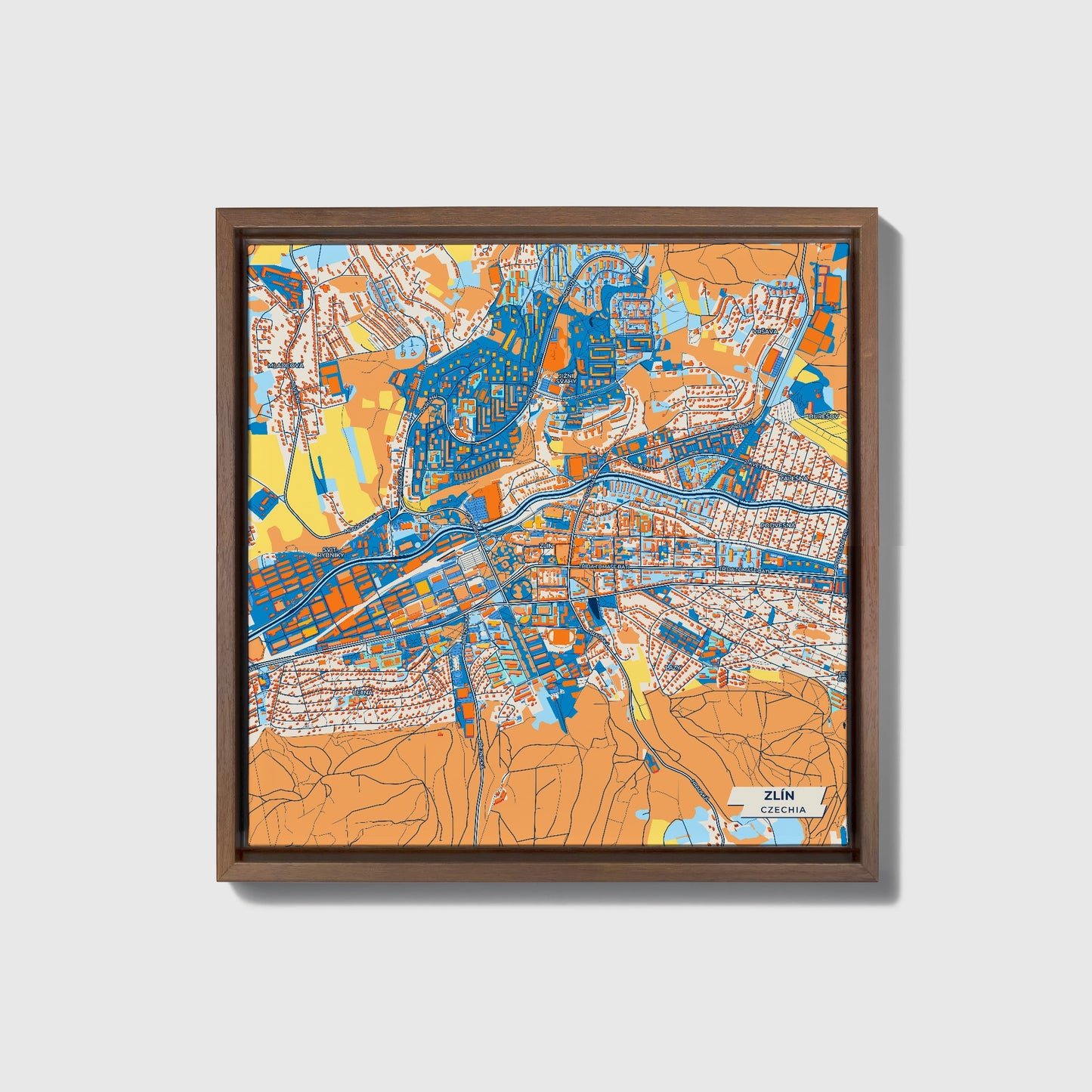 Zlín Czechia Colorful City Map Canvas Print • Dark Wooden Framed
