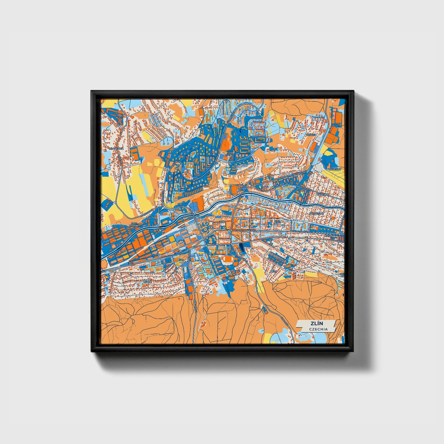 Zlín Czechia Colorful City Map Canvas Print • Black Framed