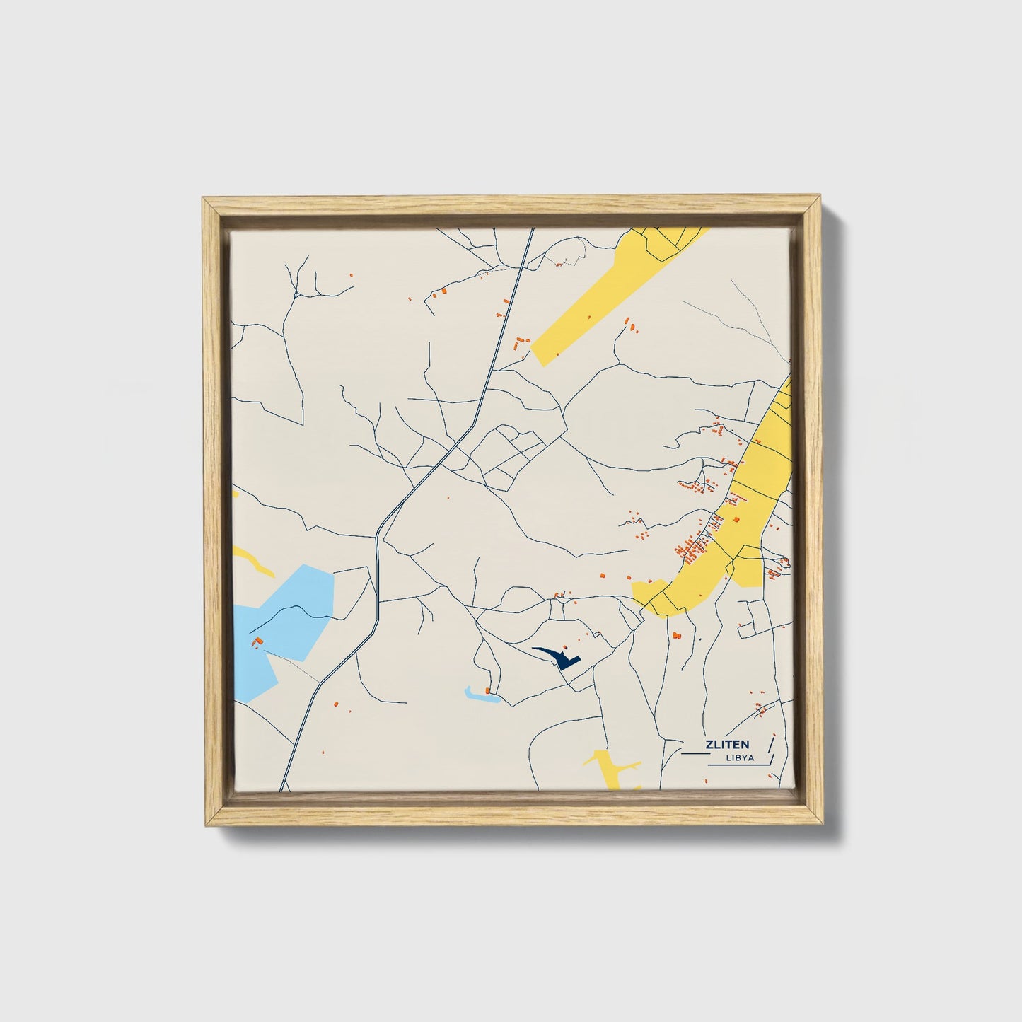 Zliten Libya Colorful City Map Canvas Print • Natural Wooden Framed