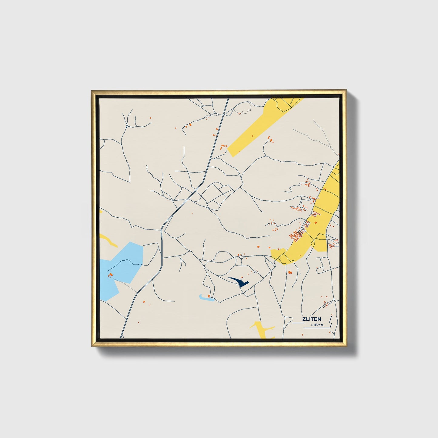 Zliten Libya Colorful City Map Canvas Print • Gold Framed