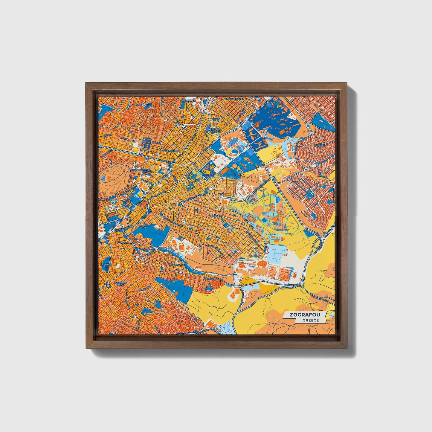 Ζωγραφου Greece Colorful City Map Canvas Print • Dark Wooden Framed