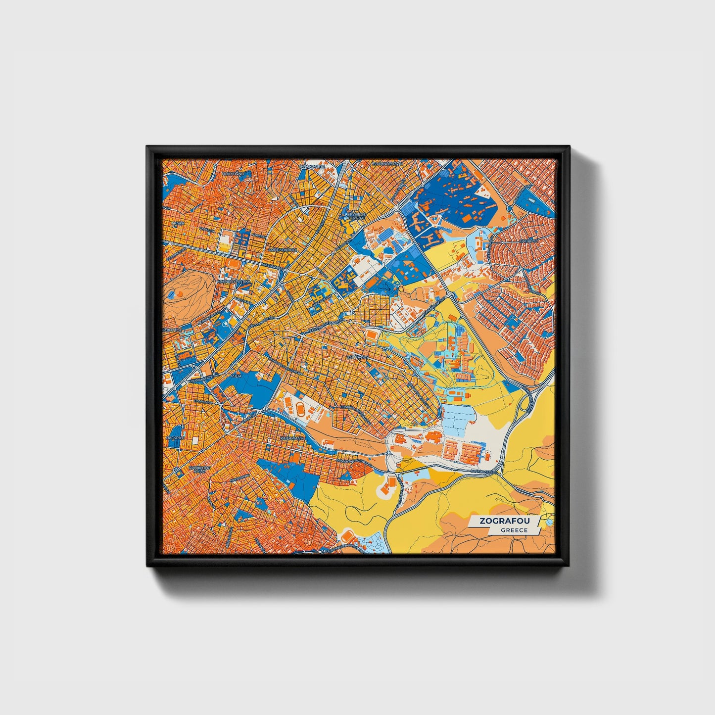 Ζωγραφου Greece Colorful City Map Canvas Print • Black Framed