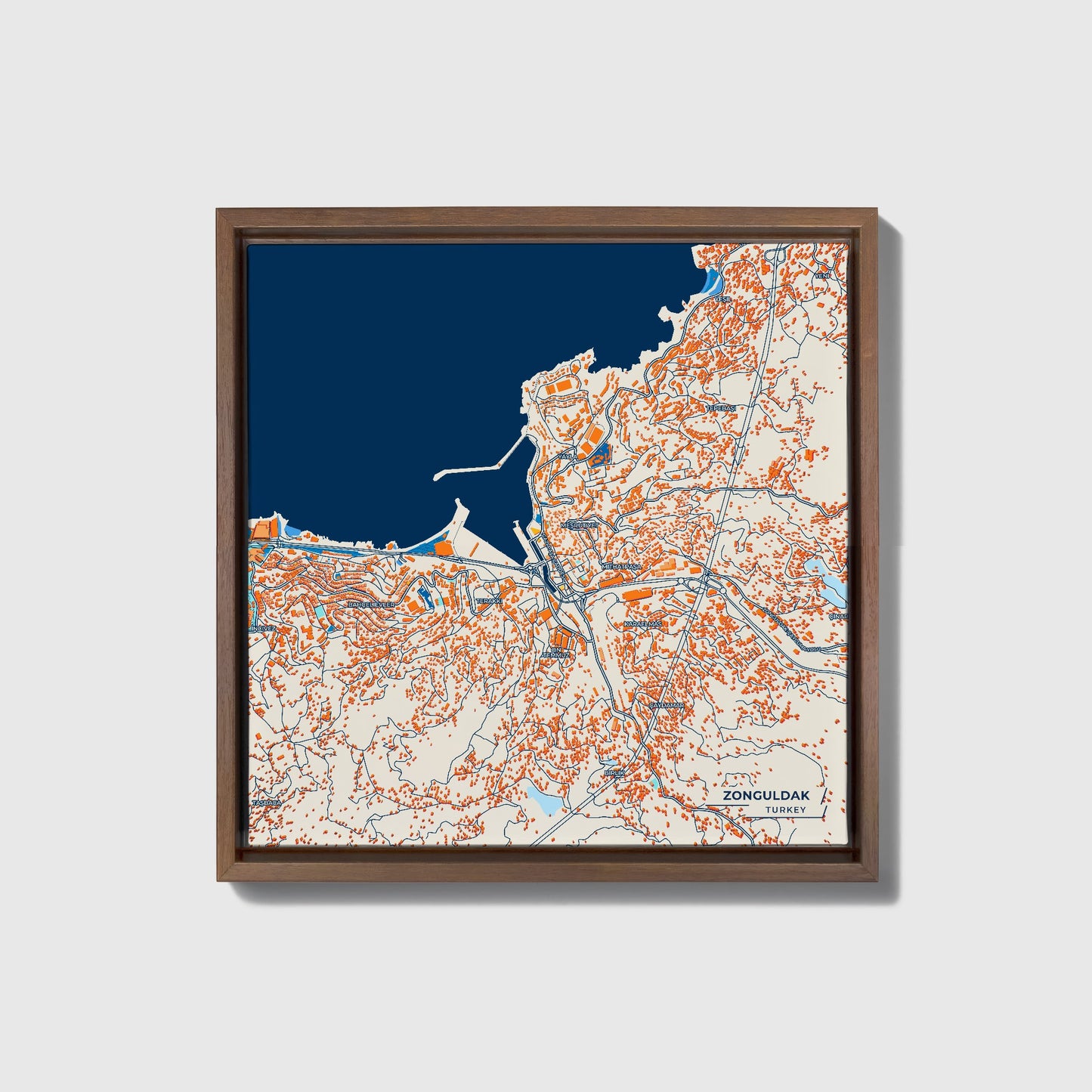 Zonguldak Turkey Colorful City Map Canvas Print • Dark Wooden Framed