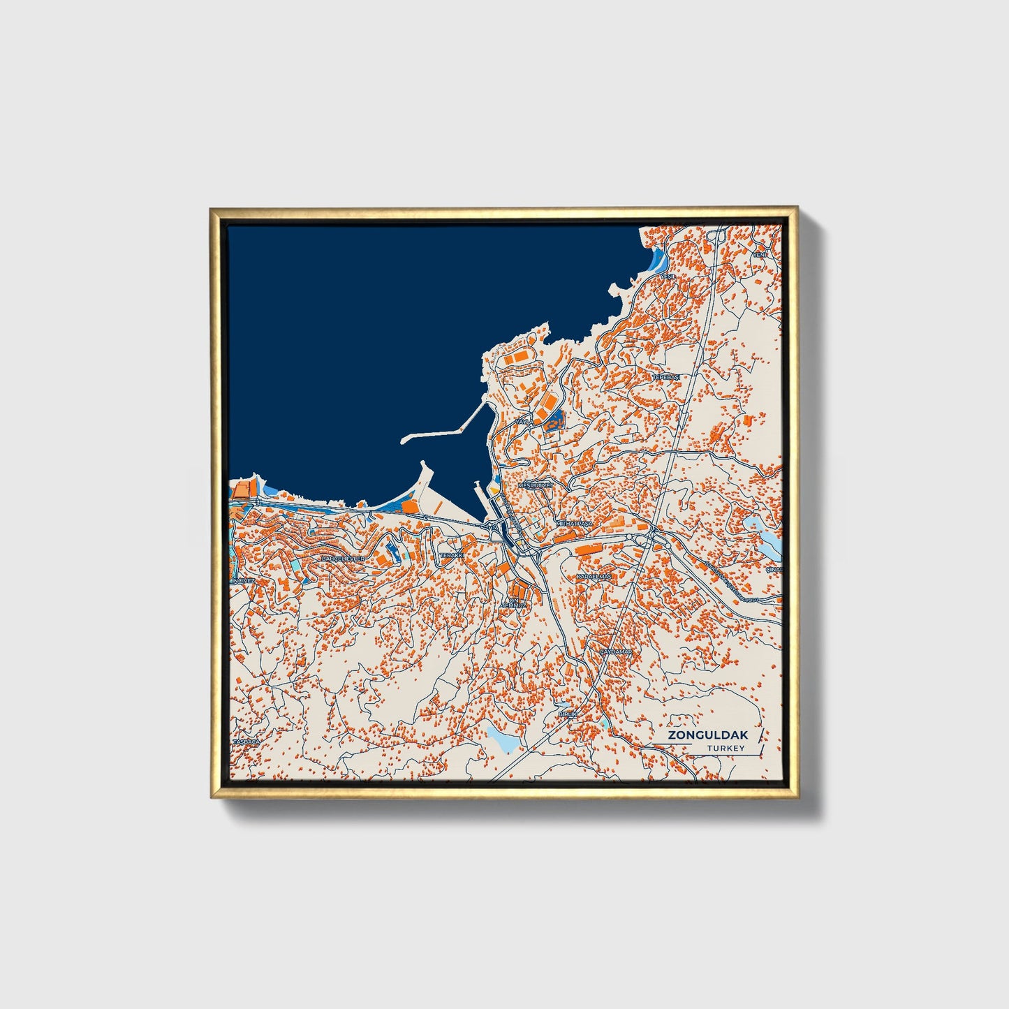 Zonguldak Turkey Colorful City Map Canvas Print • Gold Framed