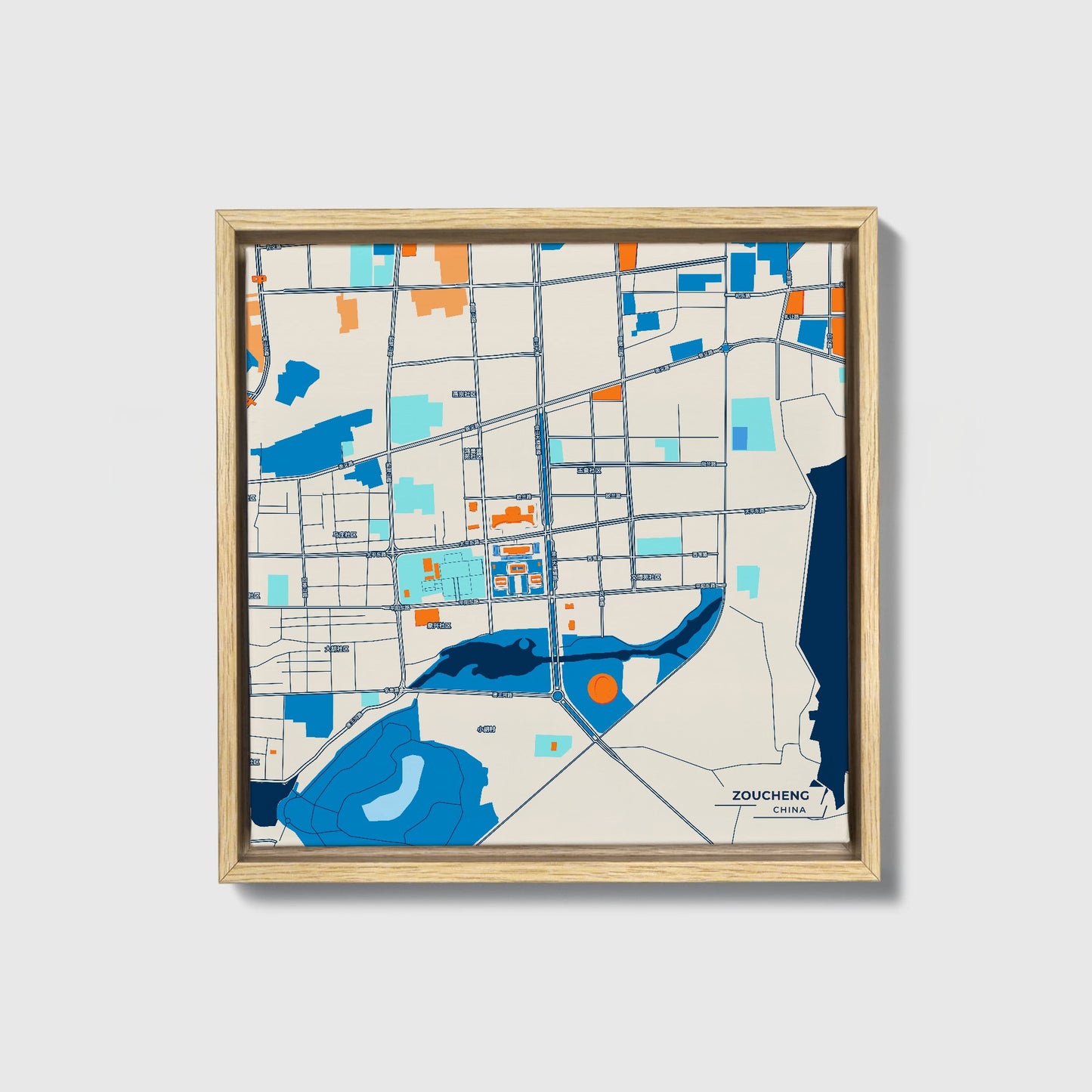 Zoucheng China Colorful City Map Canvas Print • Natural Wooden Framed