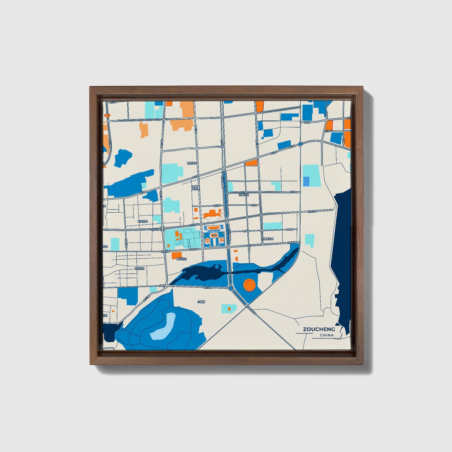 Zoucheng China Colorful City Map Canvas Print • Dark Wooden Framed