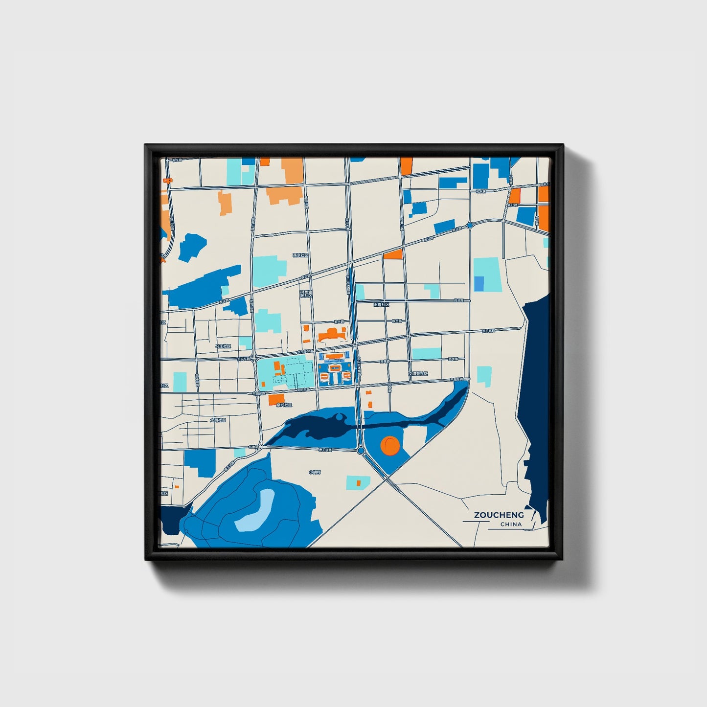 Zoucheng China Colorful City Map Canvas Print • Black Framed