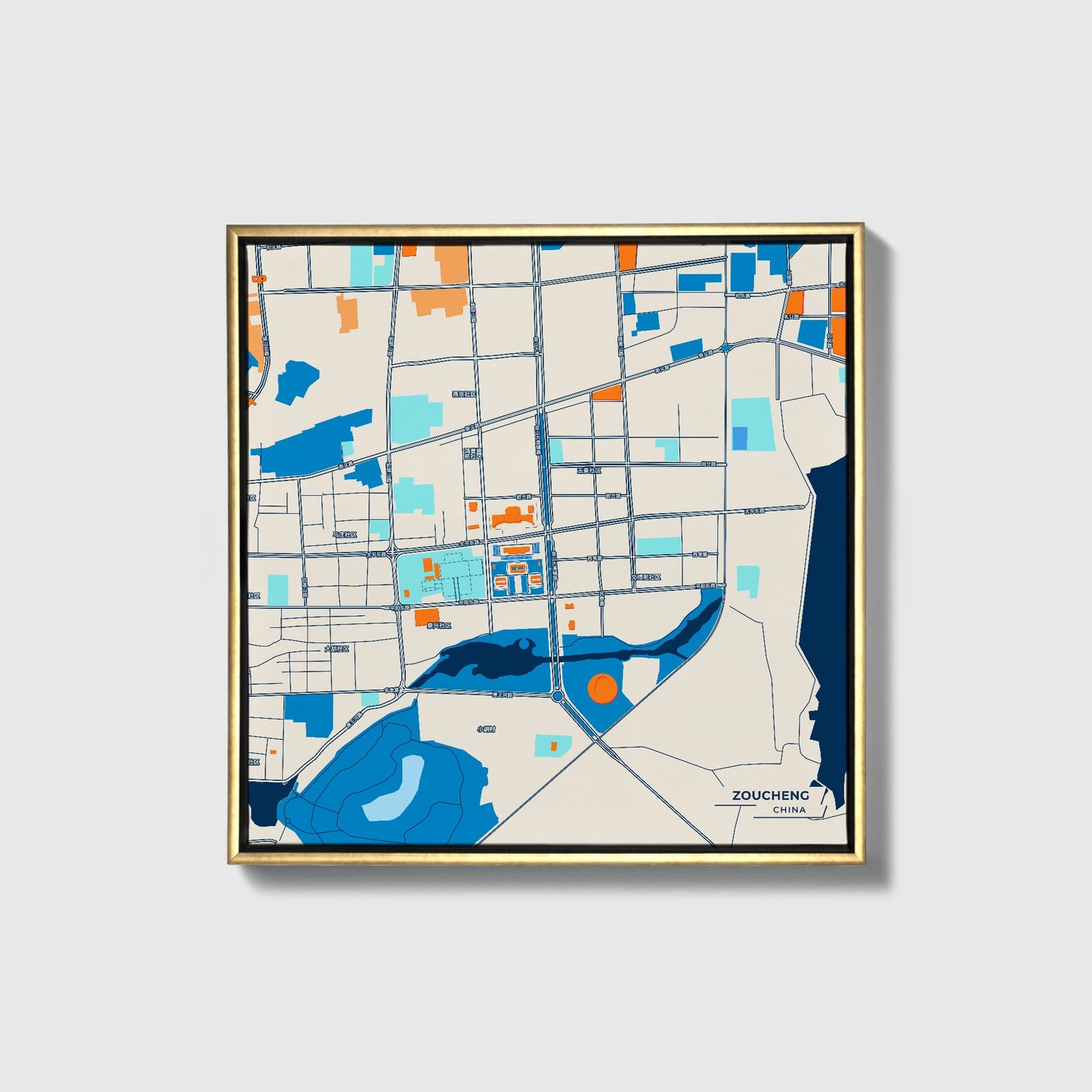 Zoucheng China Colorful City Map Canvas Print • Gold Framed