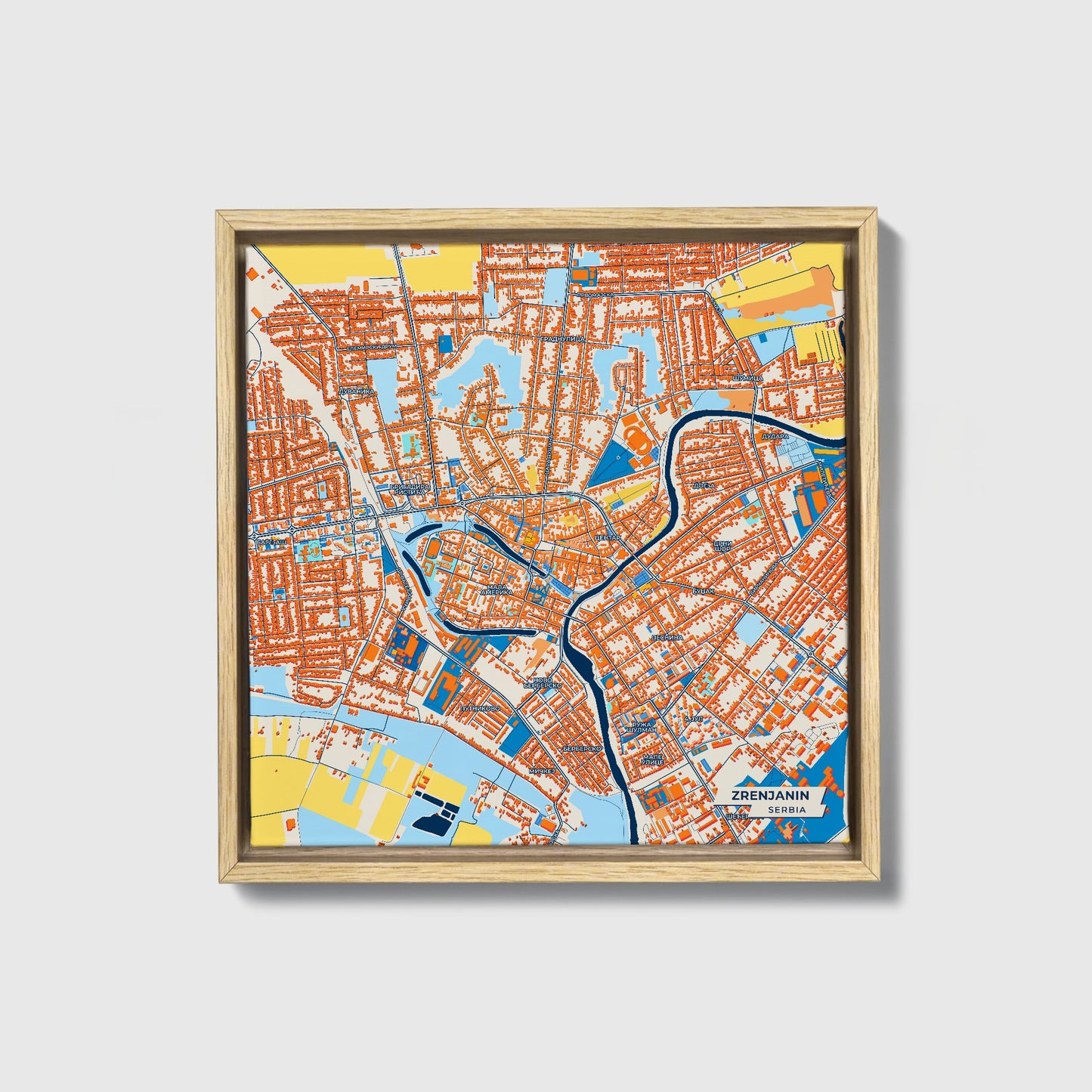 Зрењанин Serbia Colorful City Map Canvas Print • Natural Wooden Framed