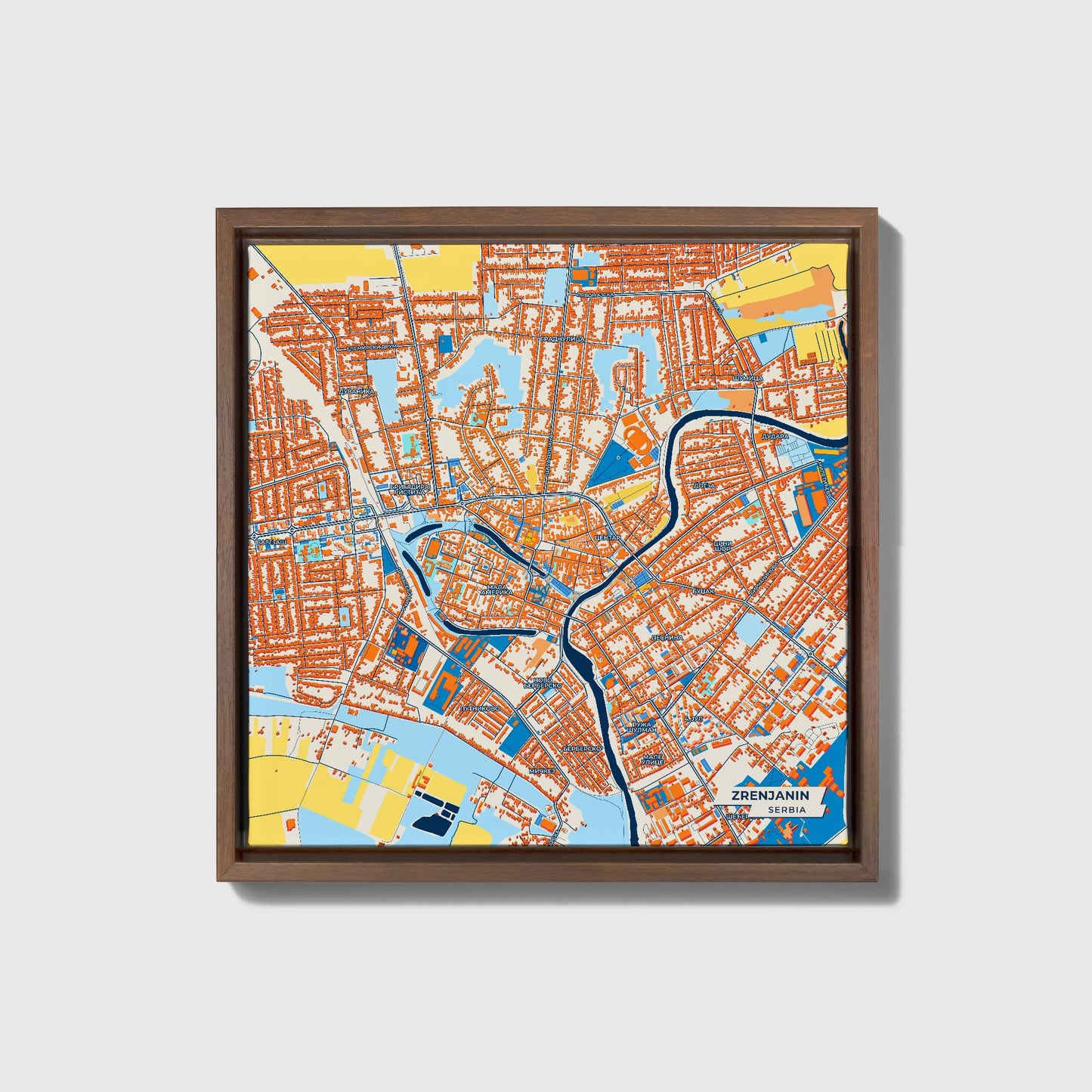 Зрењанин Serbia Colorful City Map Canvas Print • Dark Wooden Framed