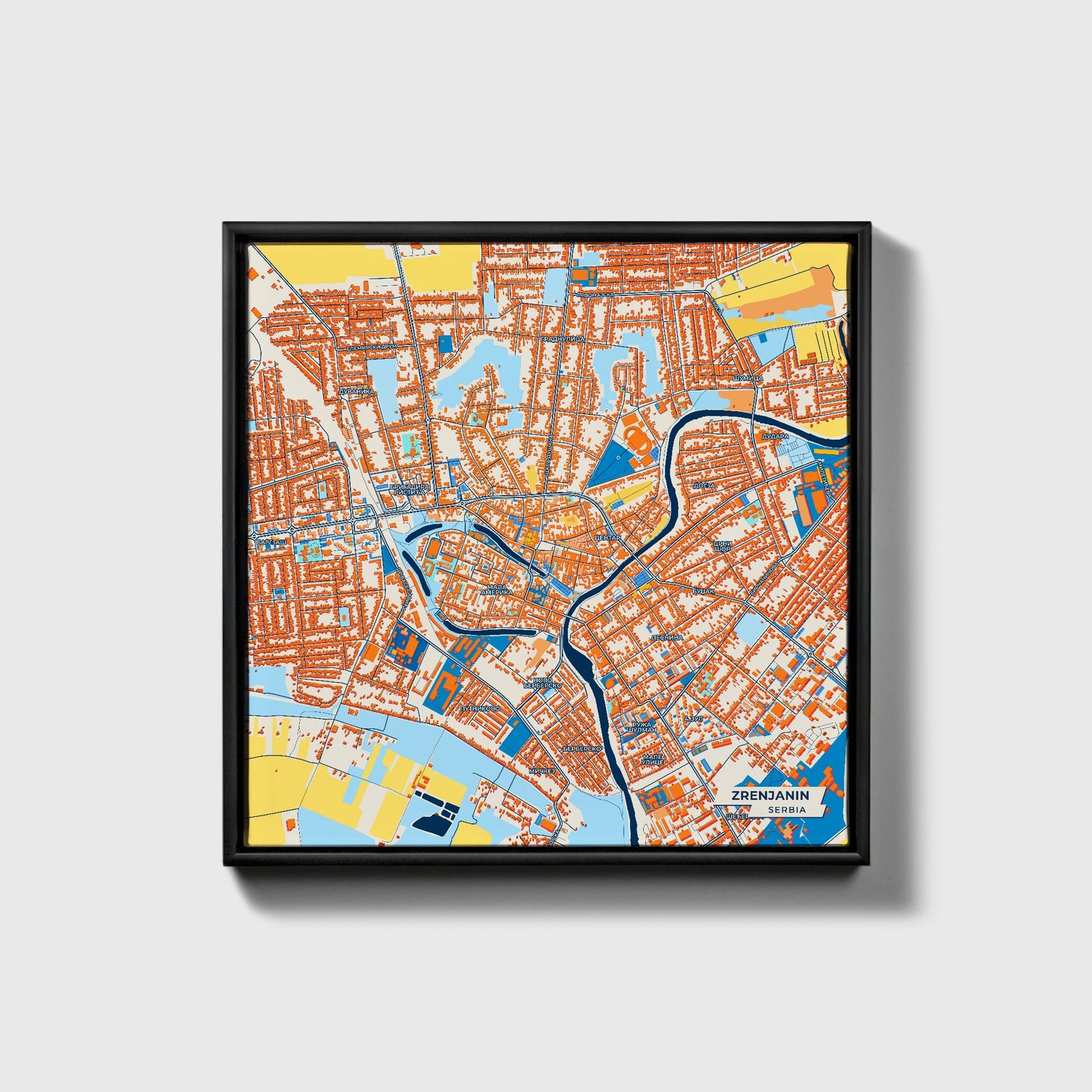 Зрењанин Serbia Colorful City Map Canvas Print • Black Framed