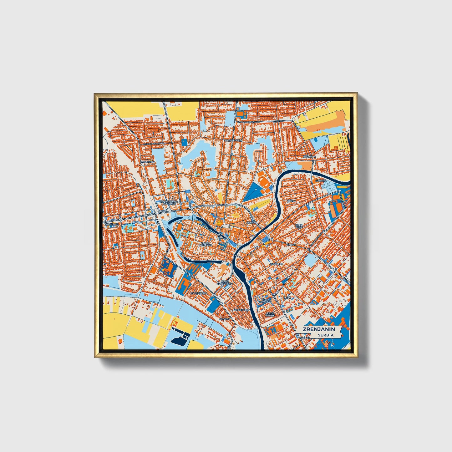Зрењанин Serbia Colorful City Map Canvas Print • Gold Framed