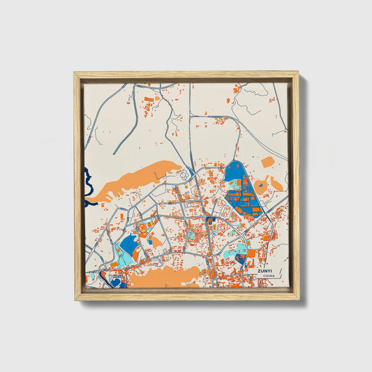 Zunyi China Colorful City Map Canvas Print • Natural Wooden Framed