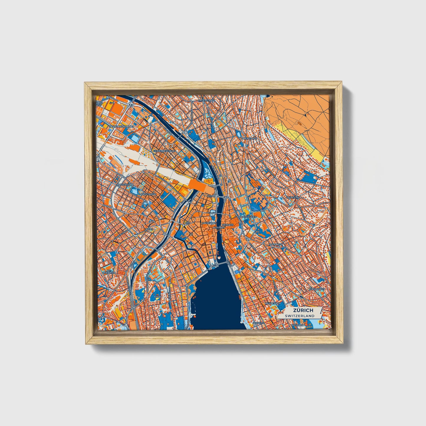 Zürich Switzerland Colorful City Map Canvas Print • Natural Wooden Framed