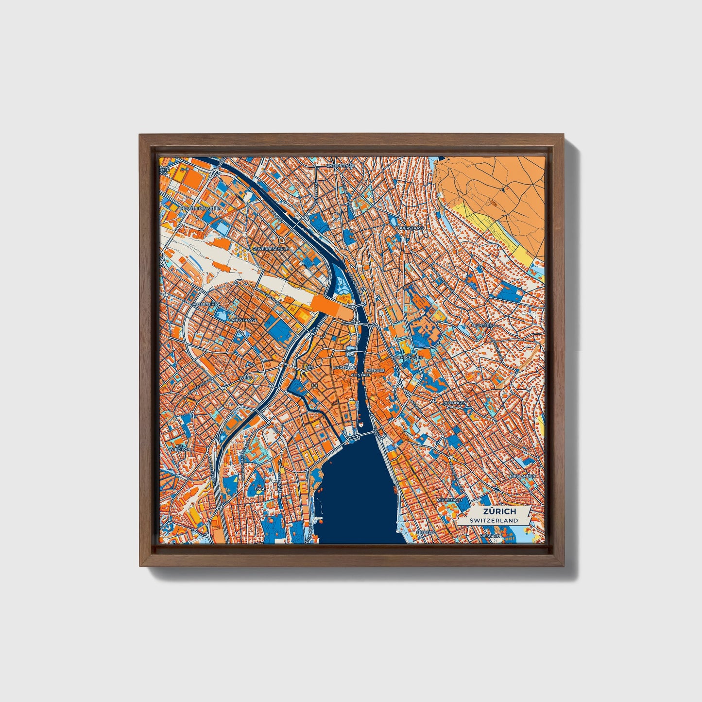 Zürich Switzerland Colorful City Map Canvas Print • Dark Wooden Framed