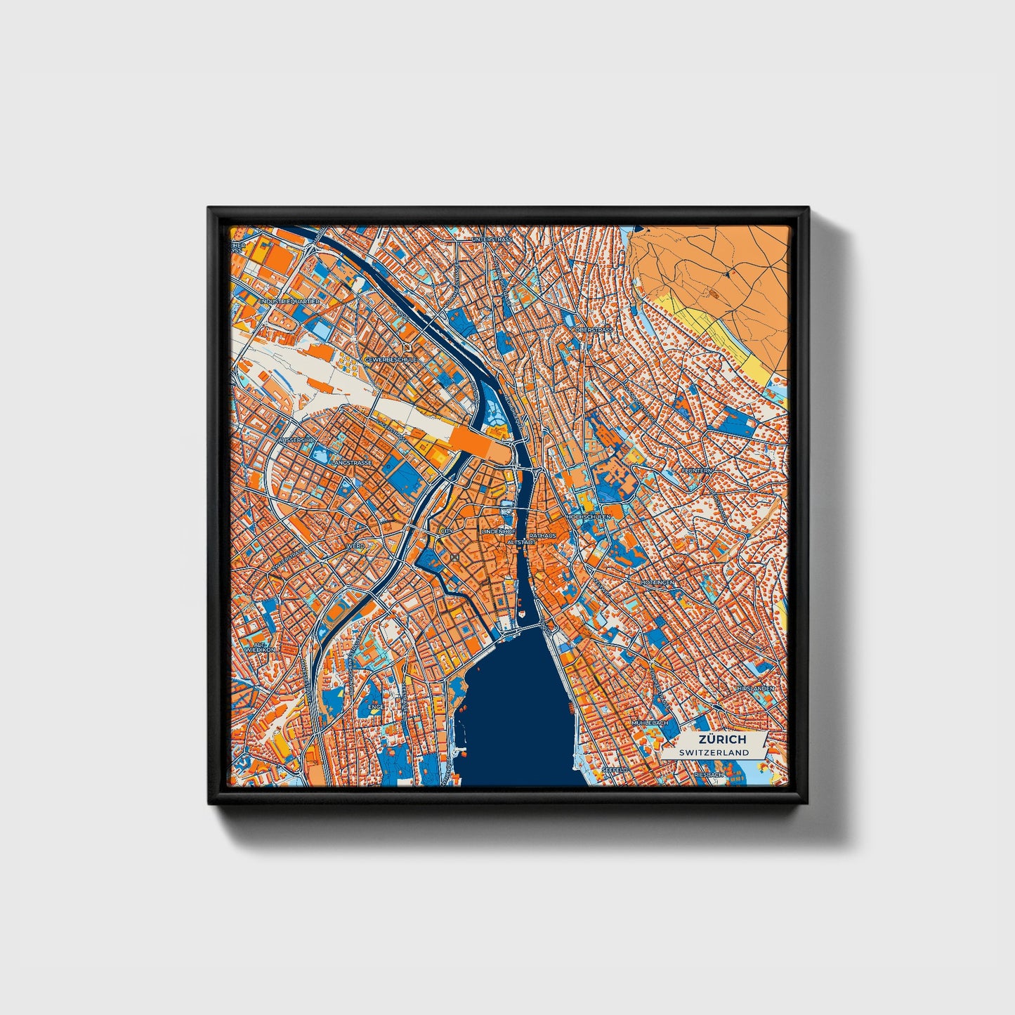 Zürich Switzerland Colorful City Map Canvas Print • Black Framed